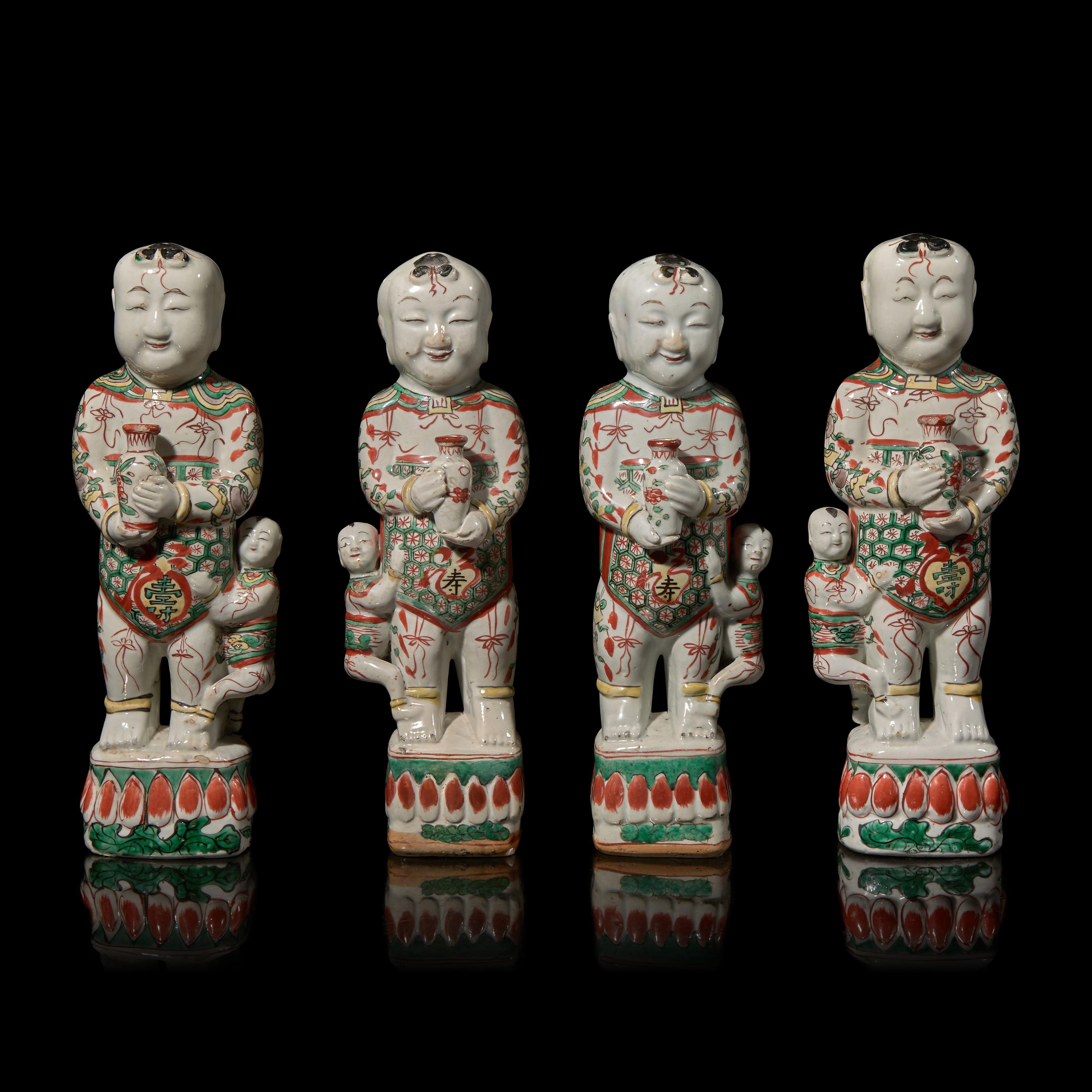 Two Pairs of Chinese Famille Verte "Boys" Figures, 18th-19th Century 清中期 五彩童子擺件兩對