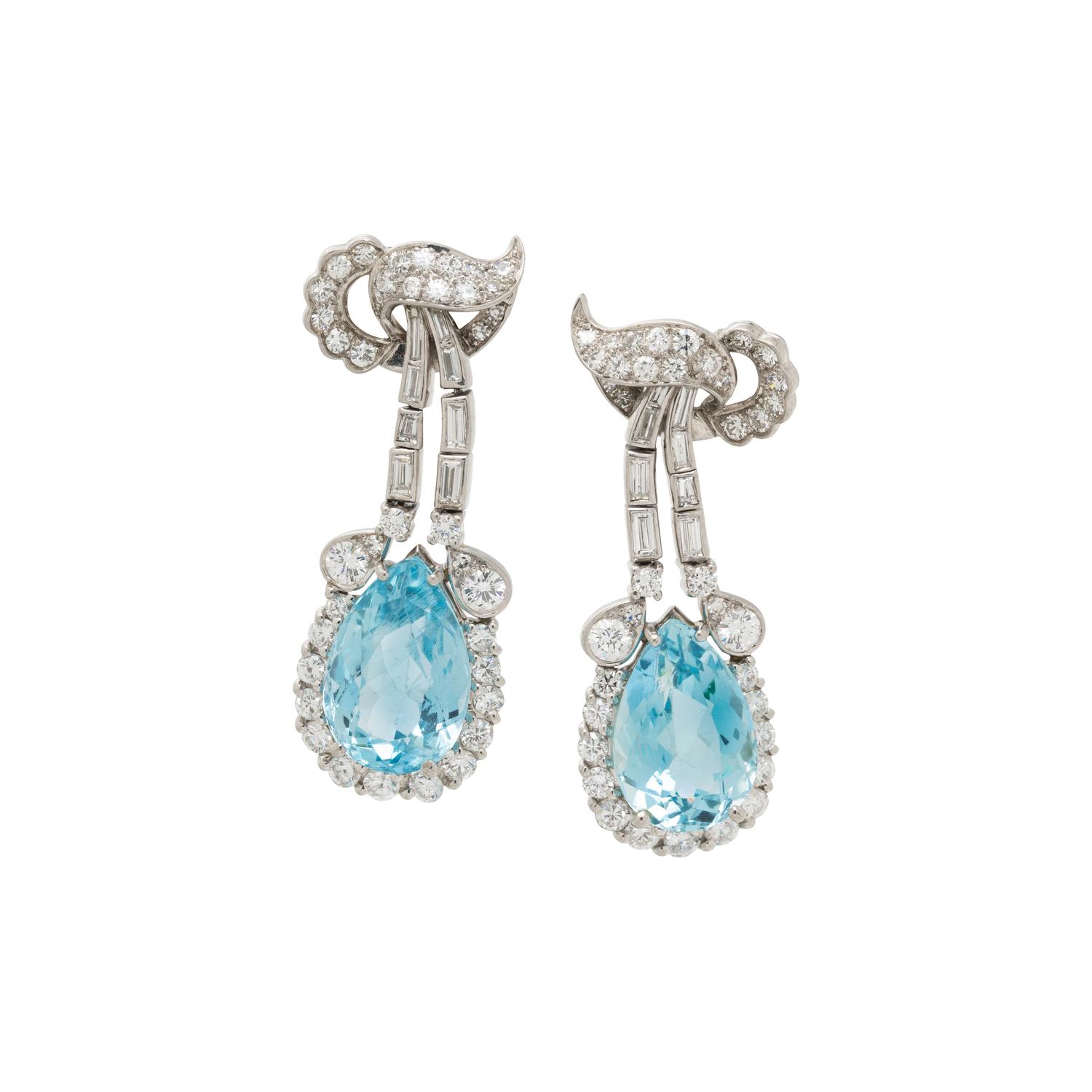 AQUAMARINE AND DIAMOND PENDANT EARRINGS