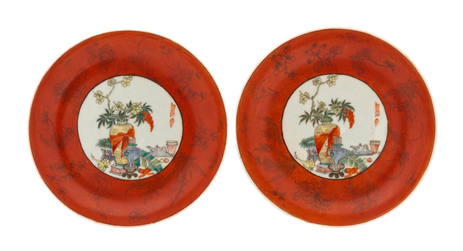 A Pair of Famille Rose and Iron Red Porcelain Plates Diameter 6 3/4 inches.
