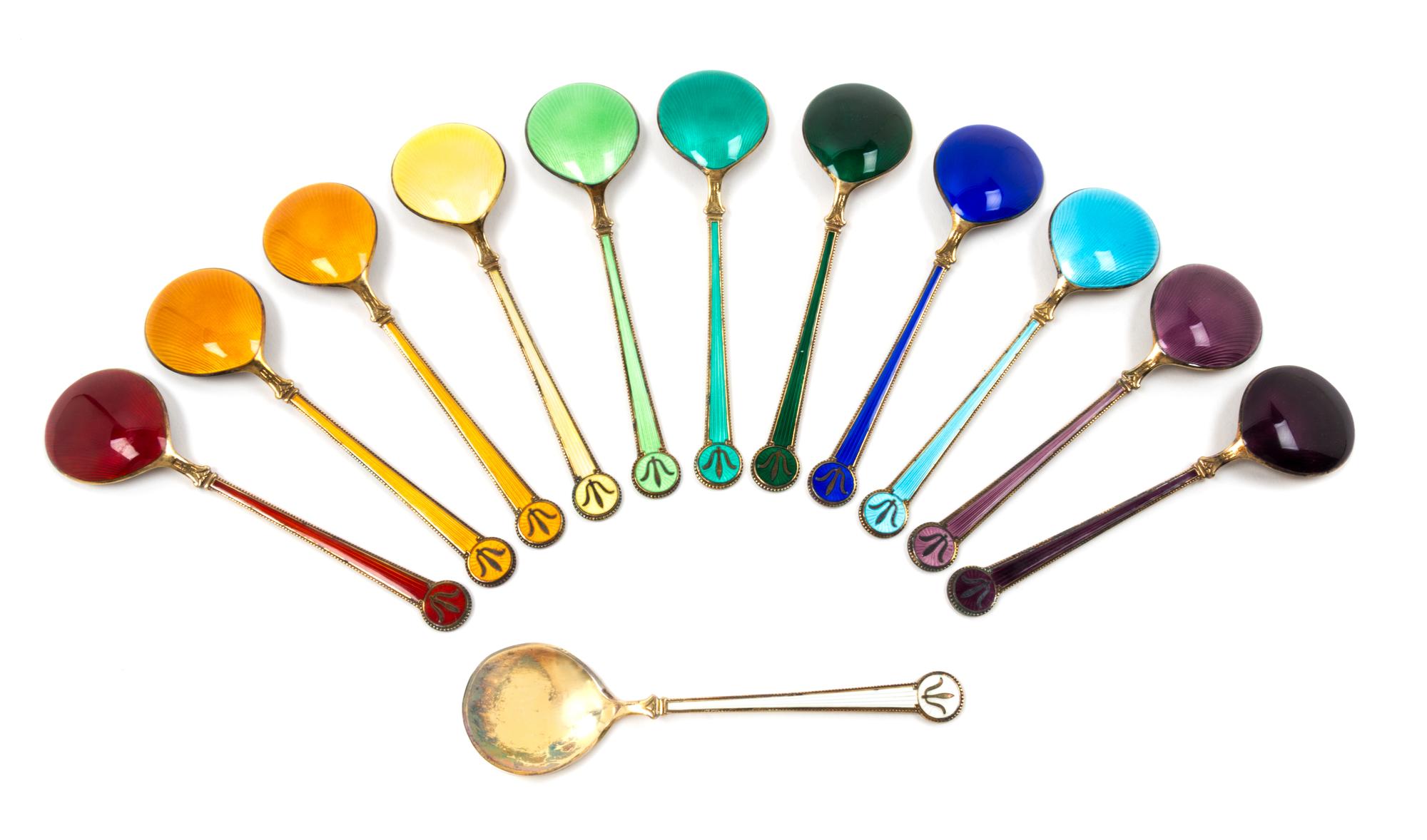 A Set of 24 Danish Enameled Spoon and Forks Length 5 inches. — David Anderson, 20th Century
