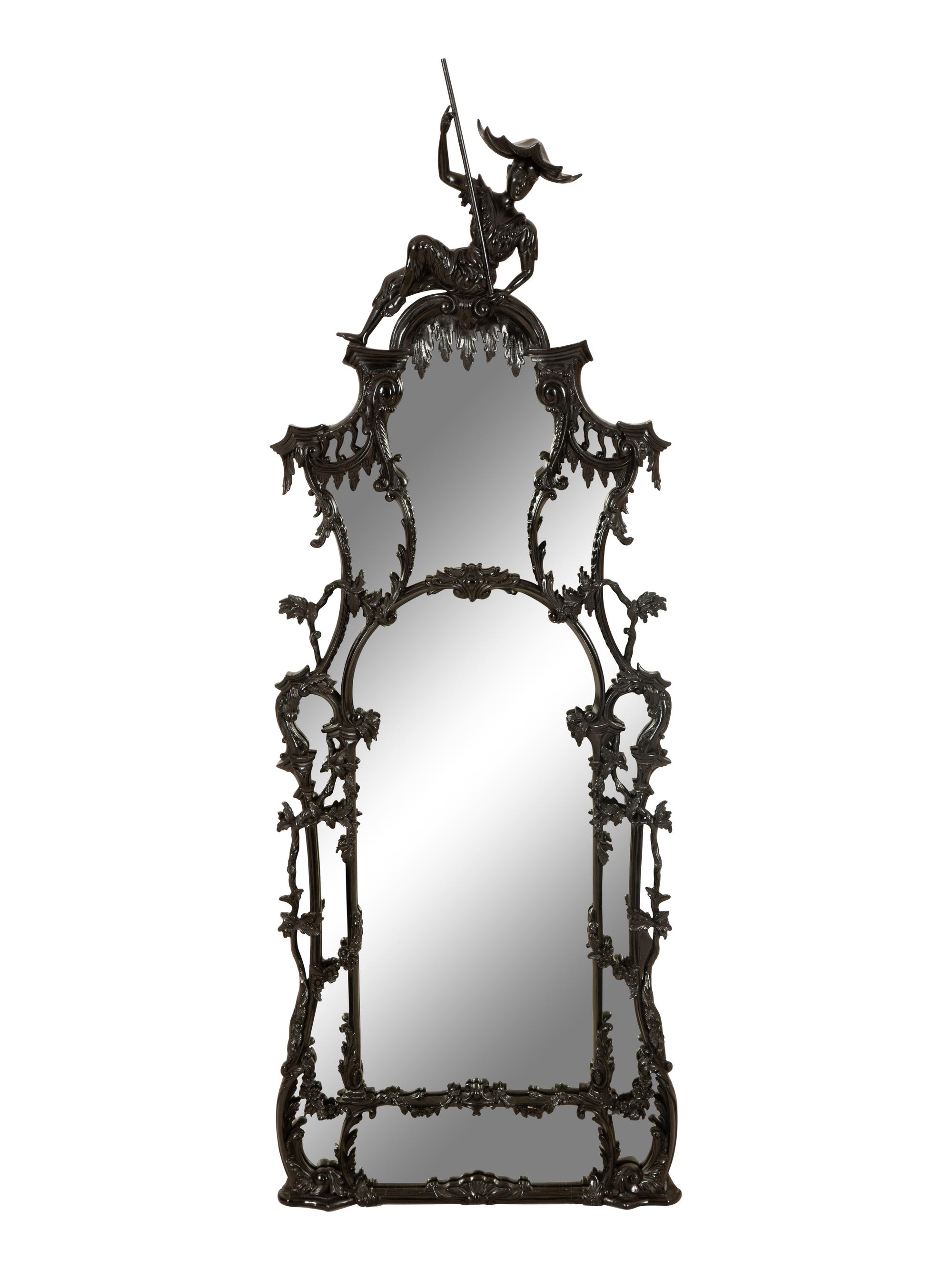 A Pair of Chinese Chippendale Style Black Painted Pier Mirrors — 20th Century