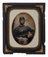 [CIVIL WAR]. Full plate tintype of soldier attributed as Private Horatio Nelson Greenleaf / Greenlief, 14th Maine Infantry.