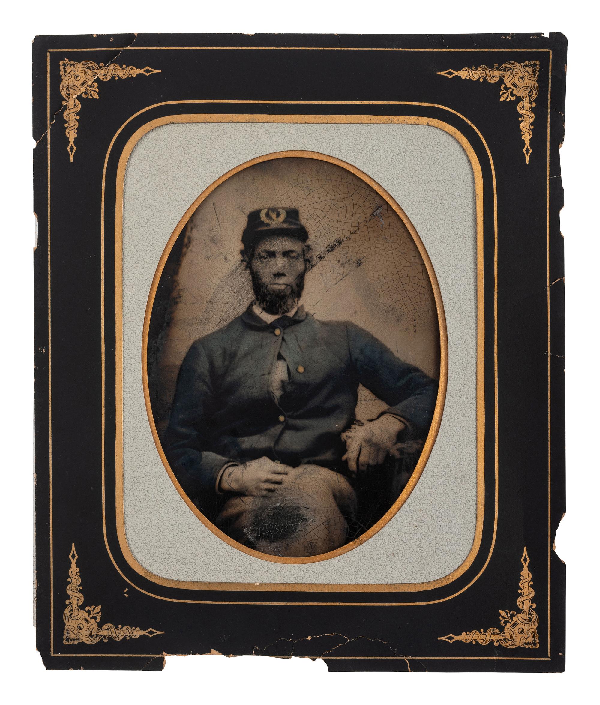 [CIVIL WAR]. Full plate tintype of soldier attributed as Private Horatio Nelson Greenleaf / Greenlief, 14th Maine Infantry.