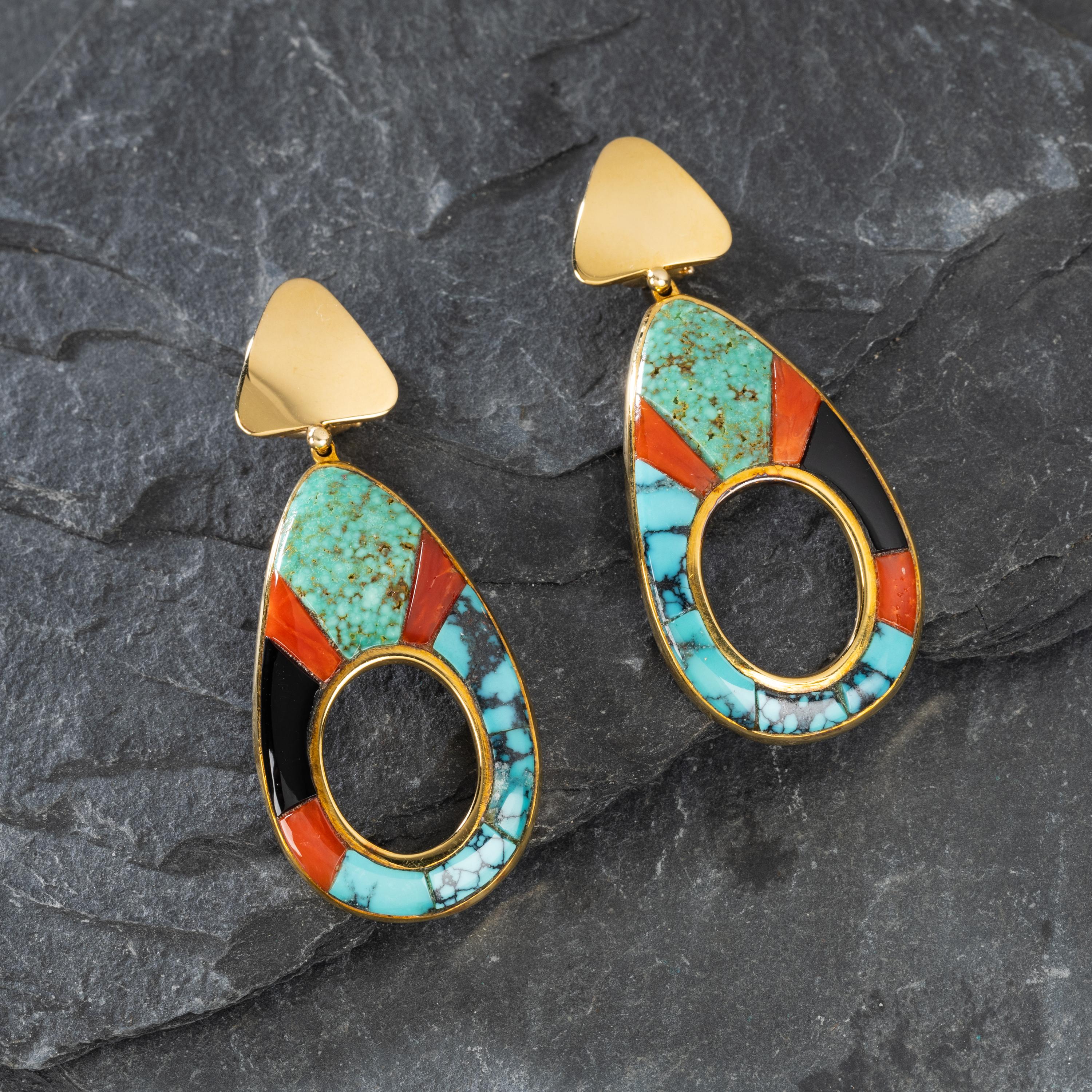 Ben Nighthorse Campbell (Northern Cheyenne, 1933-2025) — 18k Gold and Cobblestone Inlay Clip Earrings