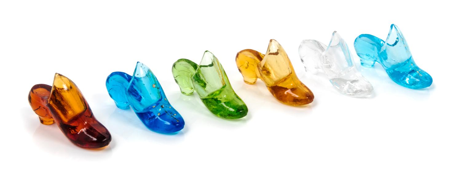 A Collection of Six Victorian Sandwich Glass Shoe-Form Thimble Holders Length 2 1/2 inches.
