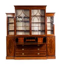 A George III Style Inlaid Mahogany Breakfront Secretary Bookcase — 19TH CENTURY