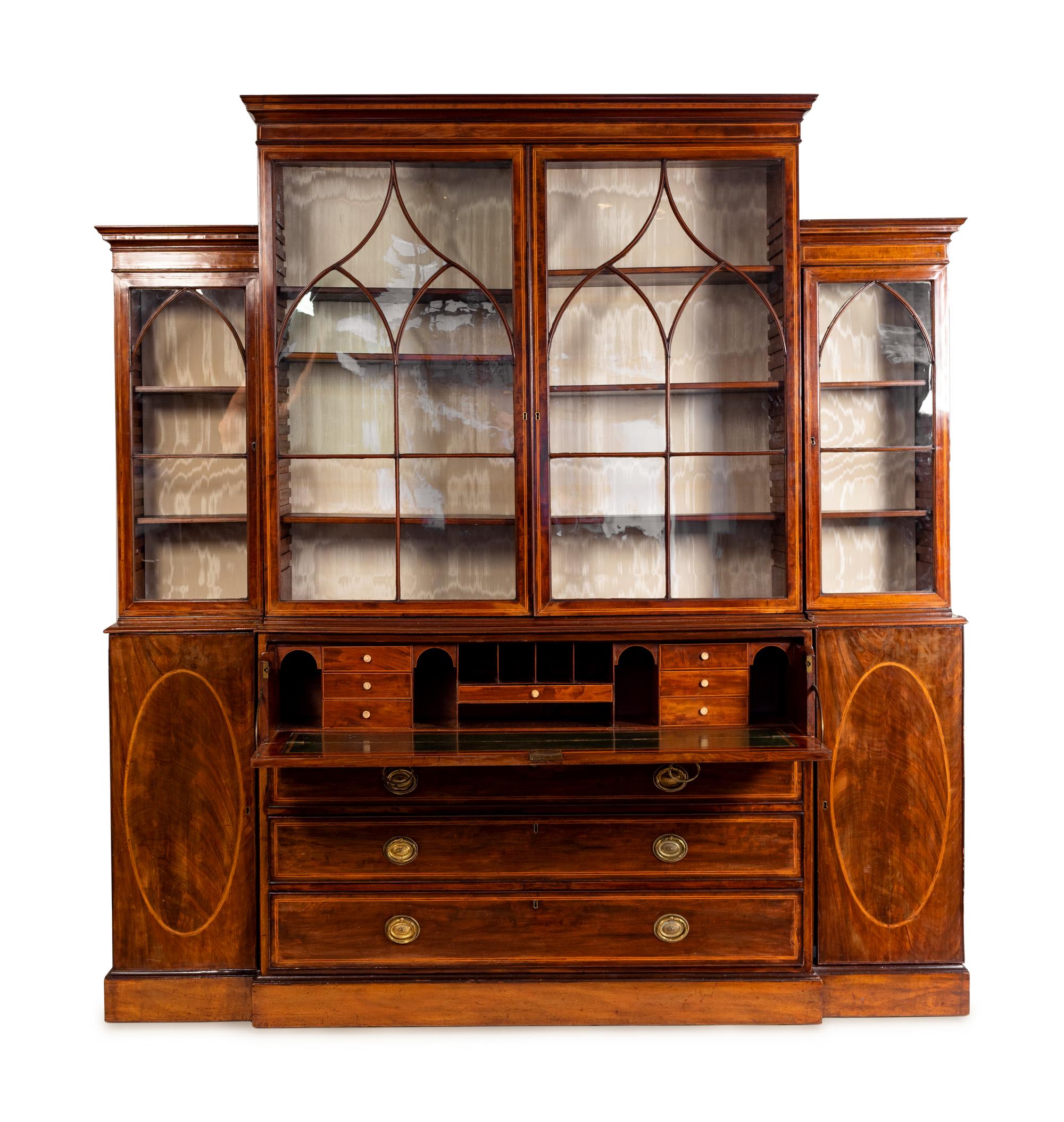 A George III Style Inlaid Mahogany Breakfront Secretary Bookcase — 19TH CENTURY
