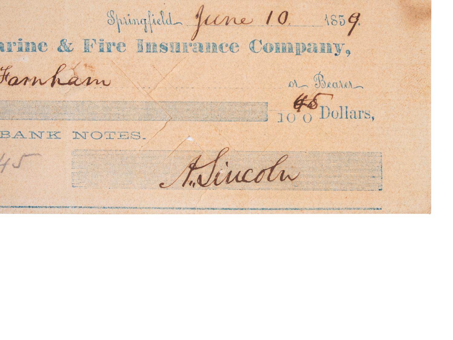LINCOLN, Abraham (1809-1865). Personal check signed ("Abraham Lincoln"). Springfield, [IL], 10 June 1859.