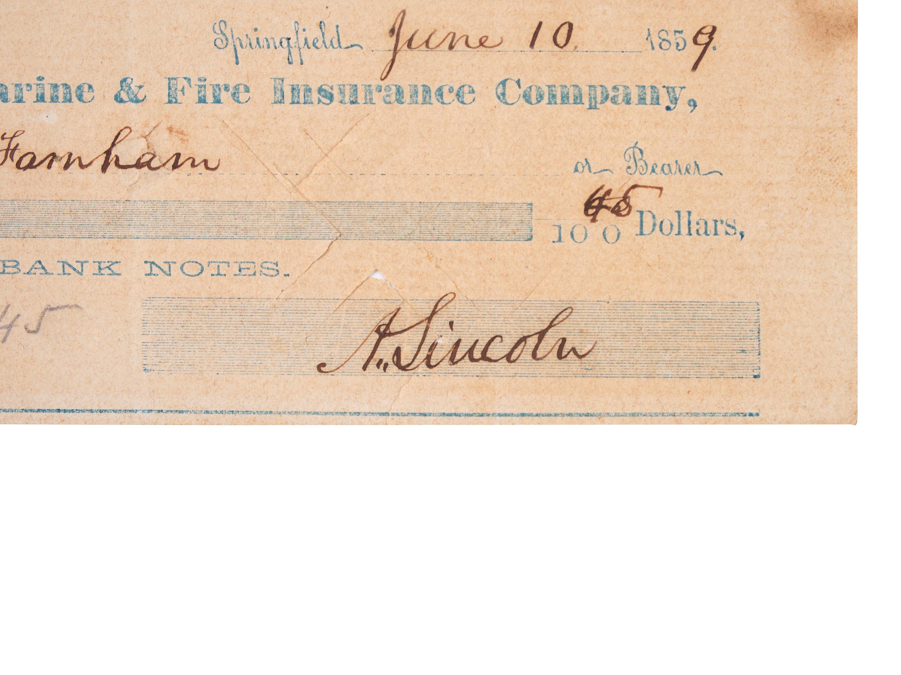 LINCOLN, Abraham (1809-1865). Personal check signed ("Abraham Lincoln"). Springfield, [IL], 10 June 1859.