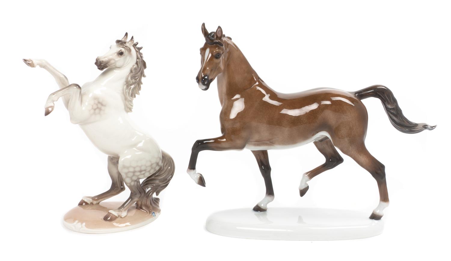 Two German Porcelain Figures of Horses Width of wider 12 1/4 inches. — 20TH CENTURY