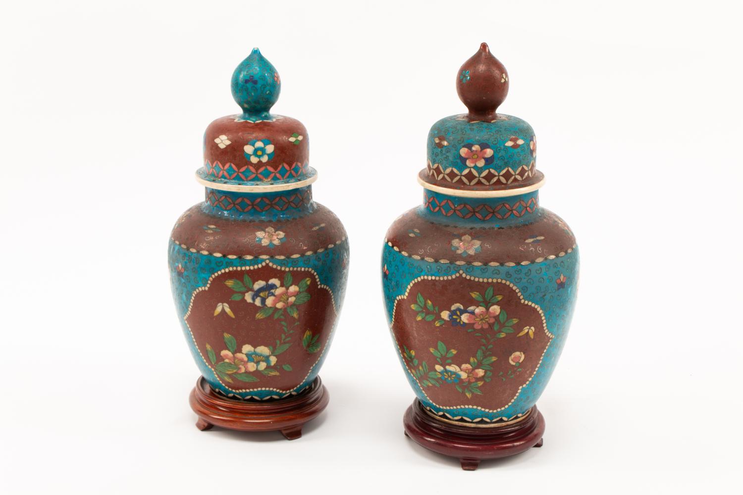 A Pair of Chinese Cloisonné over Porcelain Jars with Wood Bases