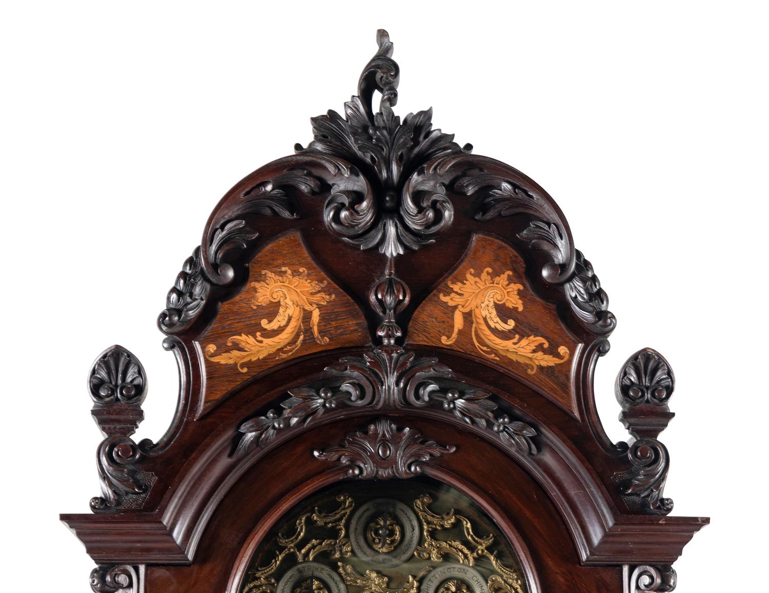 A Victorian Carved Mahogany and Marquetry Nine-Tube Tall Case Clock