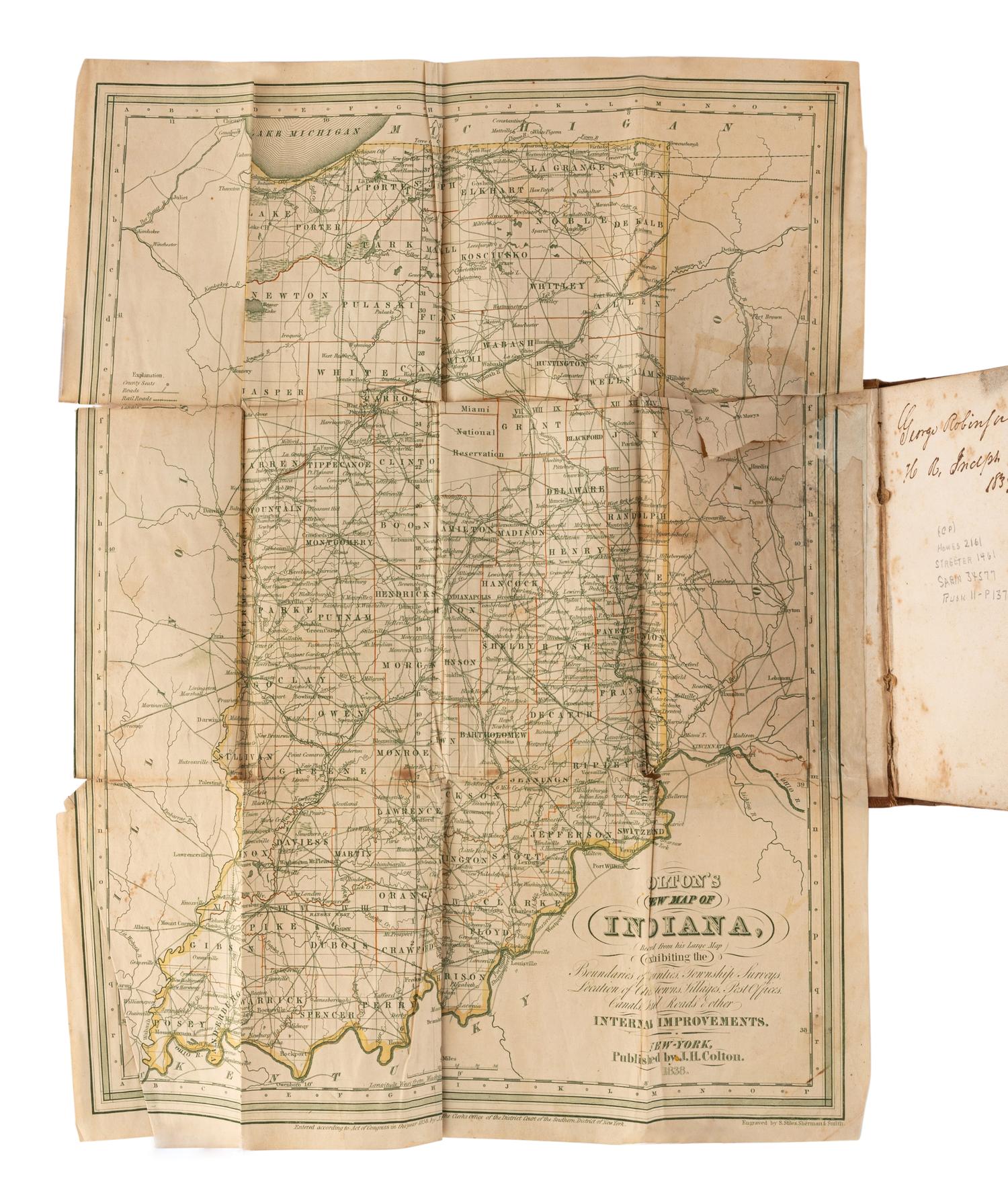 [INDIANA]. COLTON, Joseph H. (1800-1893). The State of Indiana Delineated. New York: J.H. Colton, 1838.