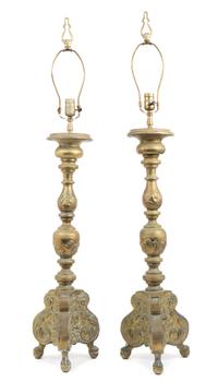 A Pair of Baroque Style Brass Prickets Height 29 inches.