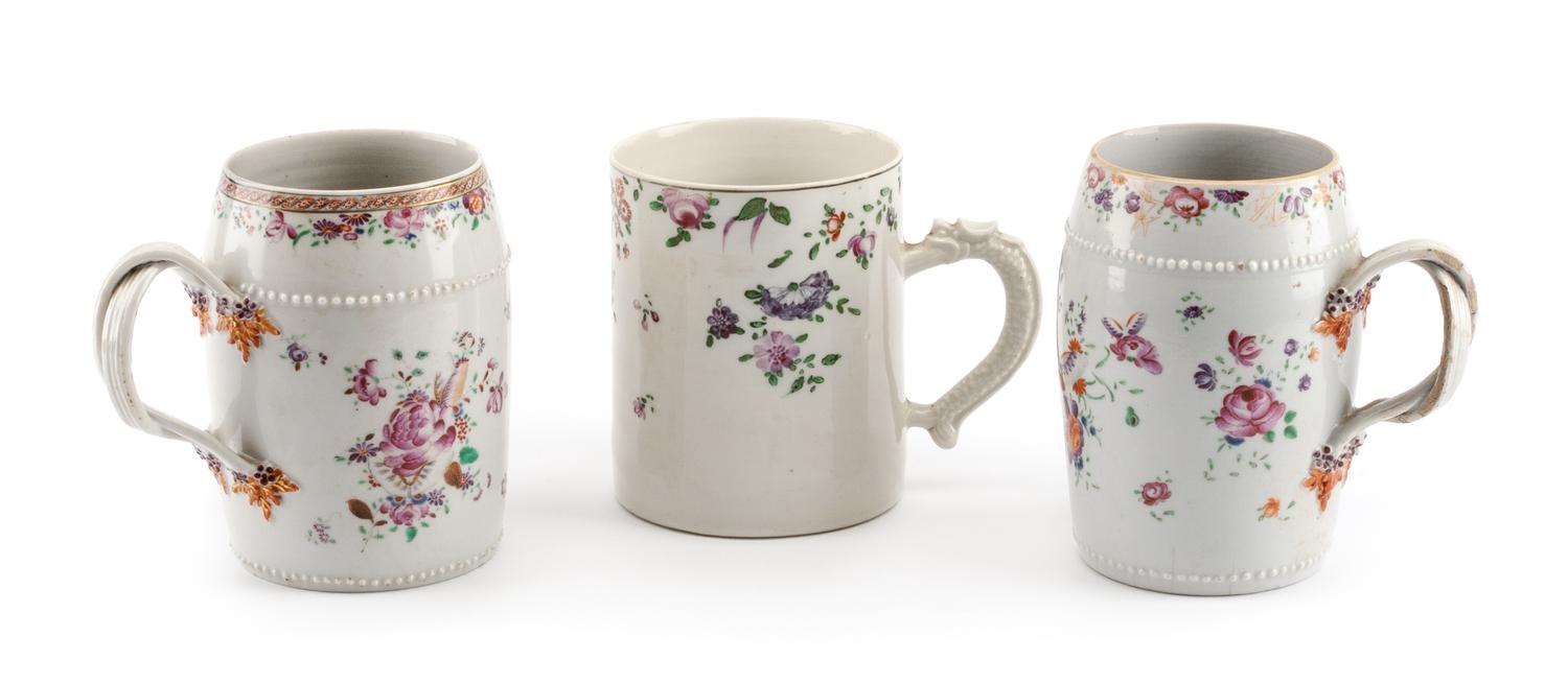 Three Chinese Export Porcelain Mugs Height of tallest 6 inches.