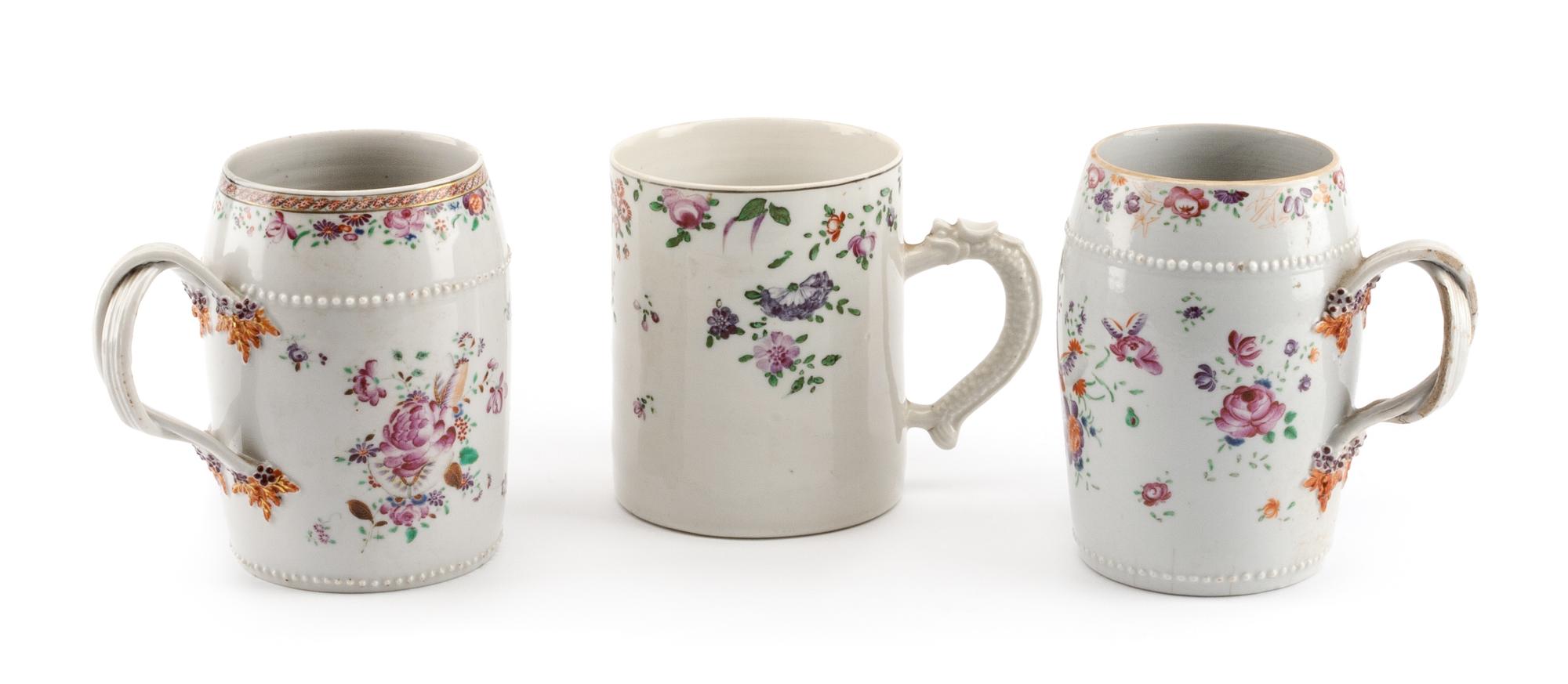 Three Chinese Export Porcelain Mugs Height of tallest 6 inches.