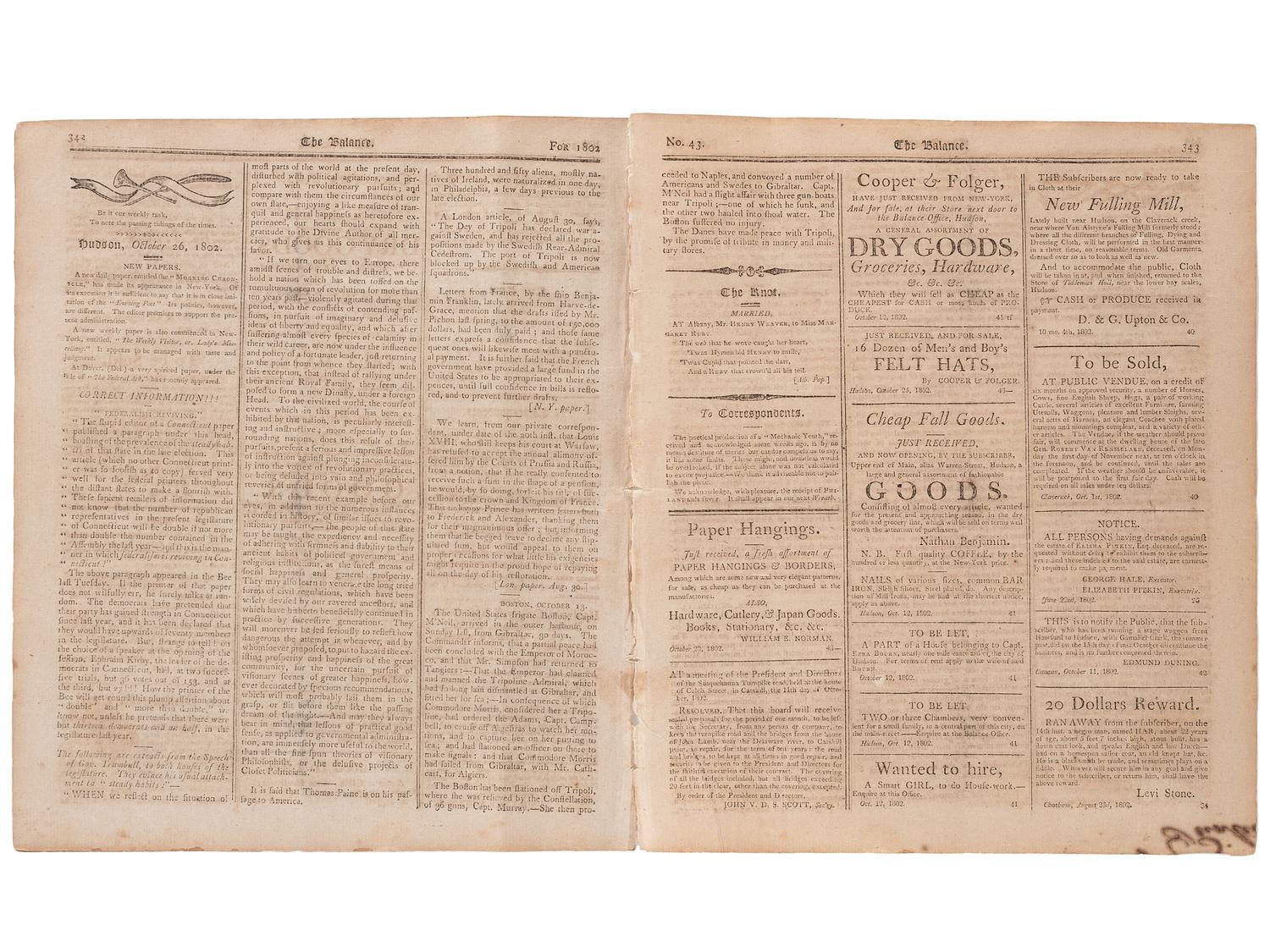 [SLAVERY & ABOLITION]. Advertisements for the return of freedom seekers published in 13 issues of The Balance, and Columbian Repository . Nos. 20-43. Hudson, NY: Sampson, Chittenden & Croswell. 18 May-26 October 1802.