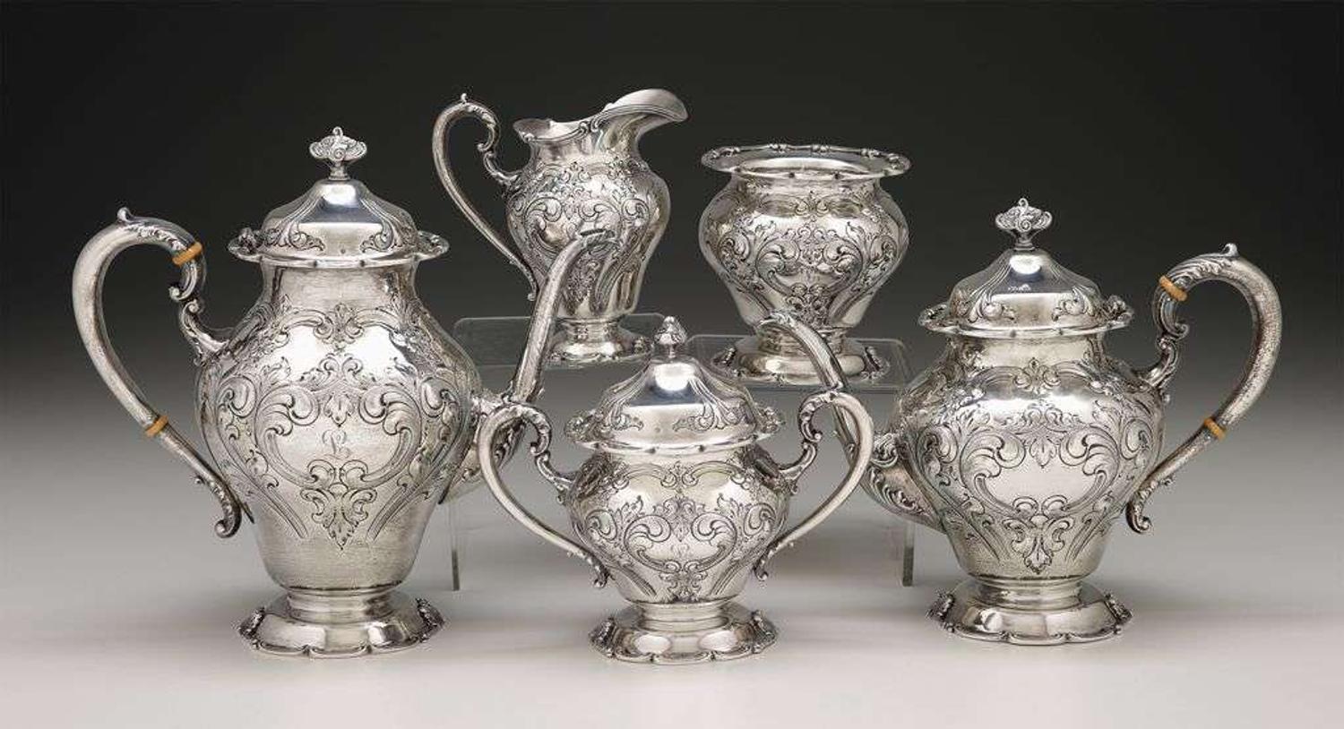 Five piece sterling silver repoussé coffee and tea service s. kirk & son, baltimore, md, early 20th century