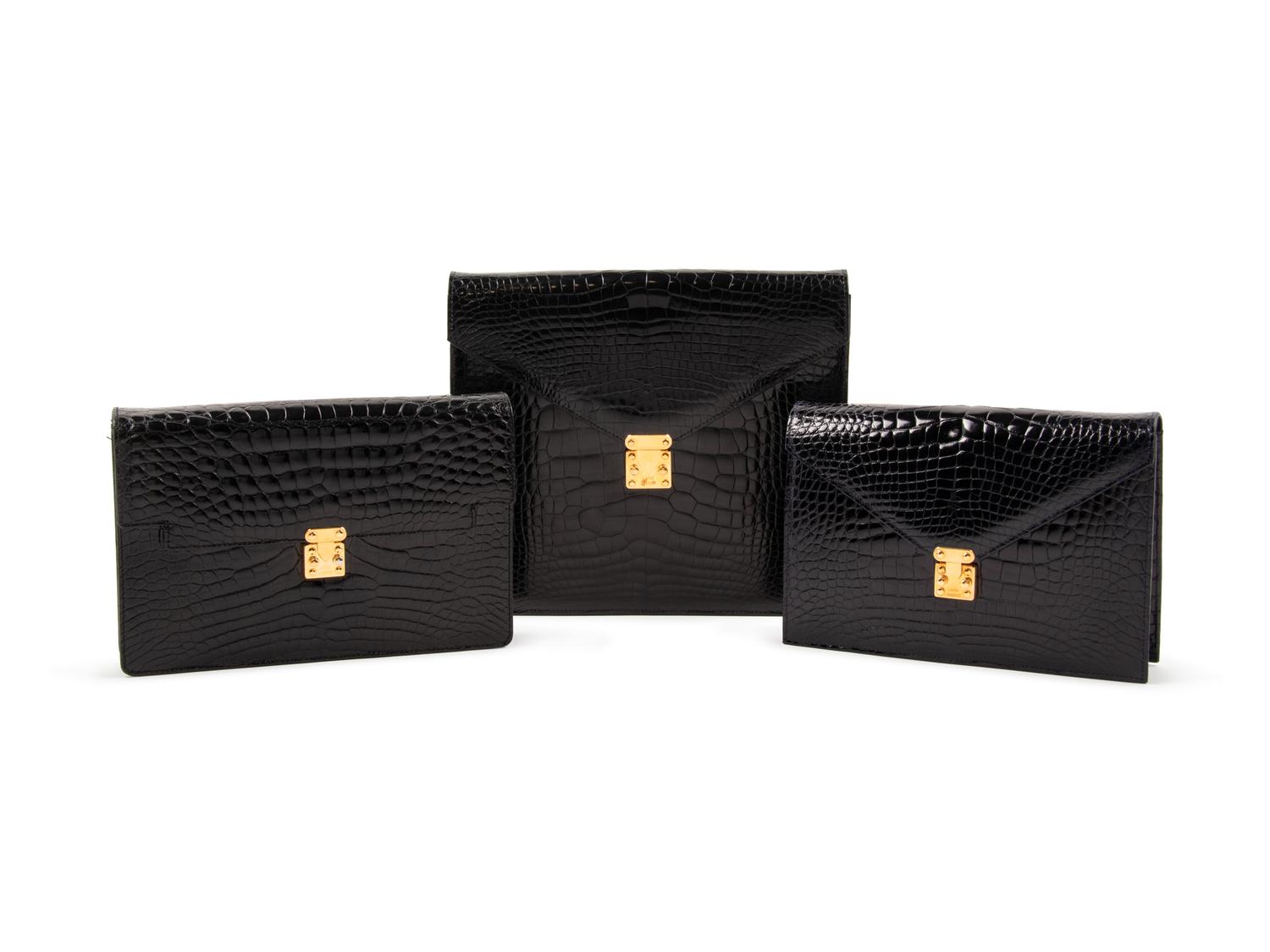 Three Lana Marks Patent Alligator Box Clutch, 1990-2010s