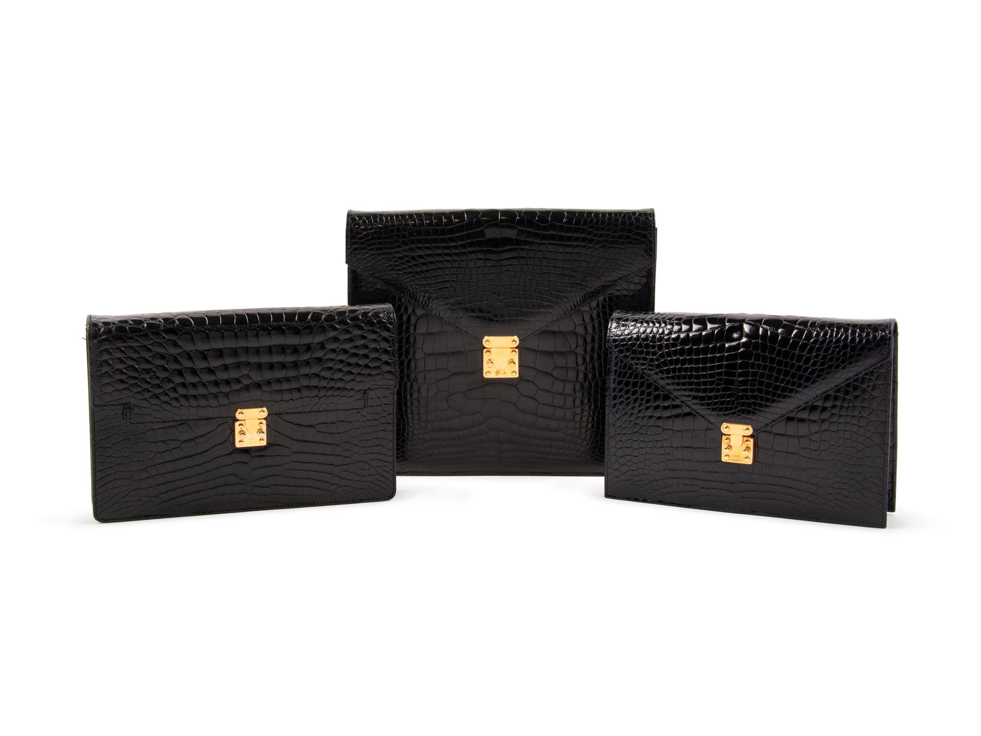 Three Lana Marks Patent Alligator Box Clutch, 1990-2010s
