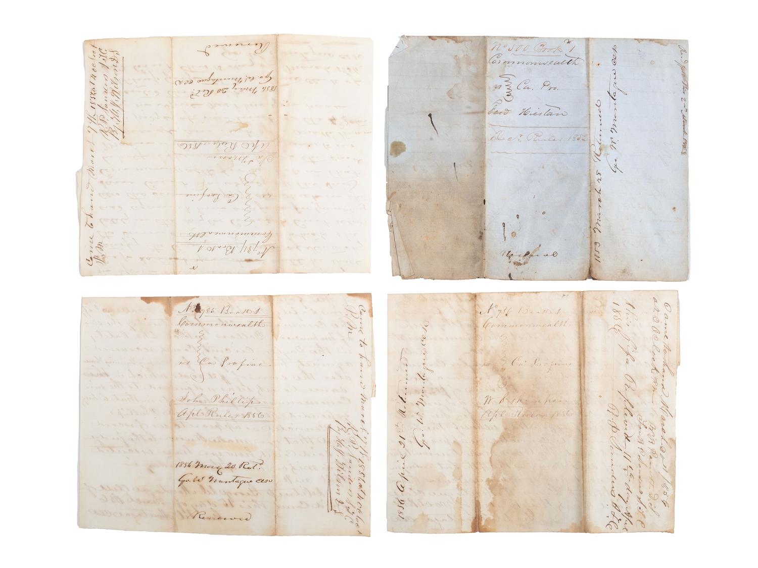 [SLAVERY & ABOLITION]. A group of court documents from Kentucky highlighted by a writ of execution against William I. Thompson for "gambling with [a] negro." Taylor County, Kentucky. 15 March 1856.