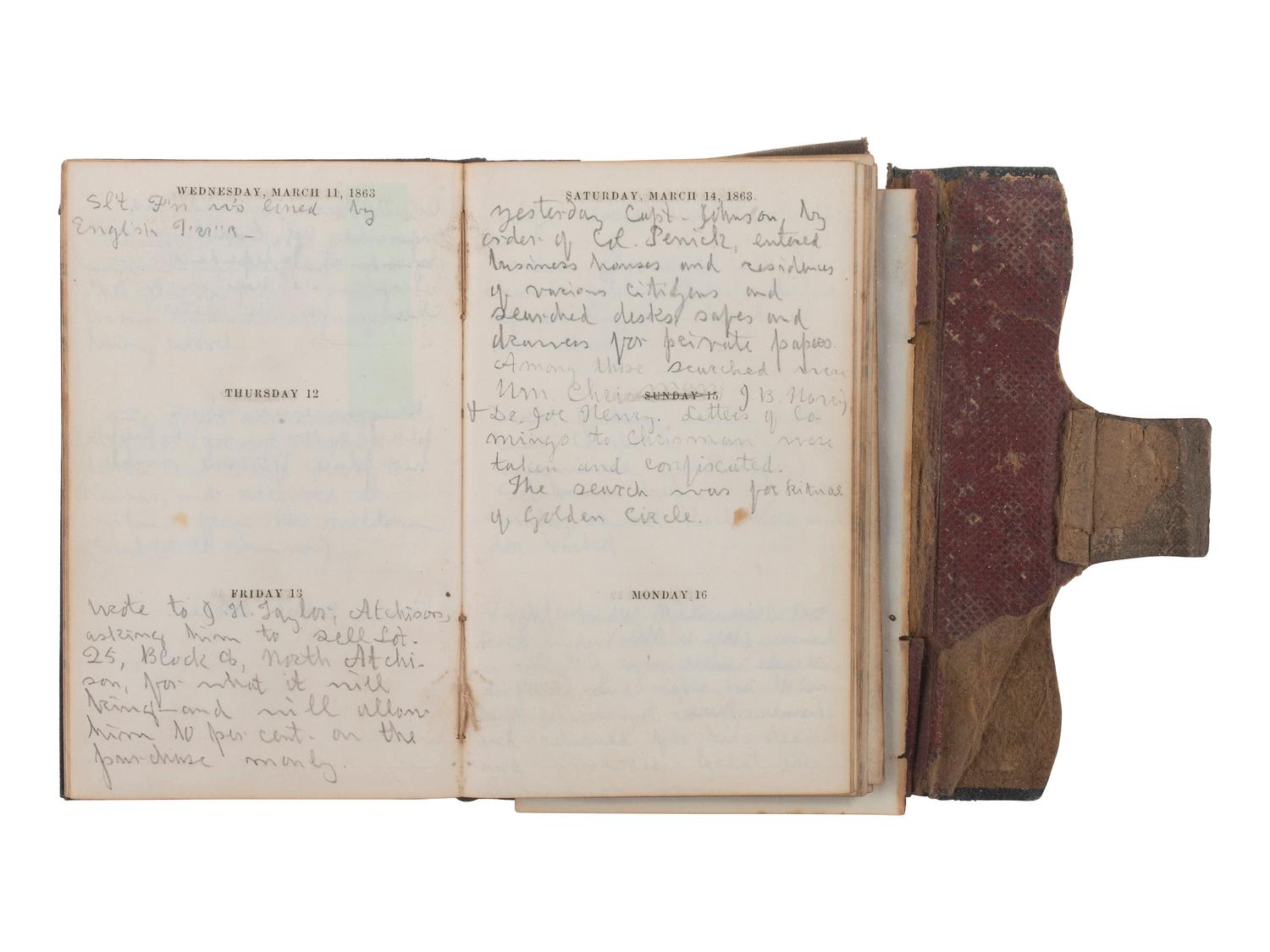 [CIVIL WAR] -- [QUANTRILL'S RAIDERS]. Diary of H.M. McCarty, editor of the Border Star at Westport, Missouri, with entries referencing 1863 clashes between Union soldiers and southern sympathizers, guerilla activity, and Quantrill's Raiders.