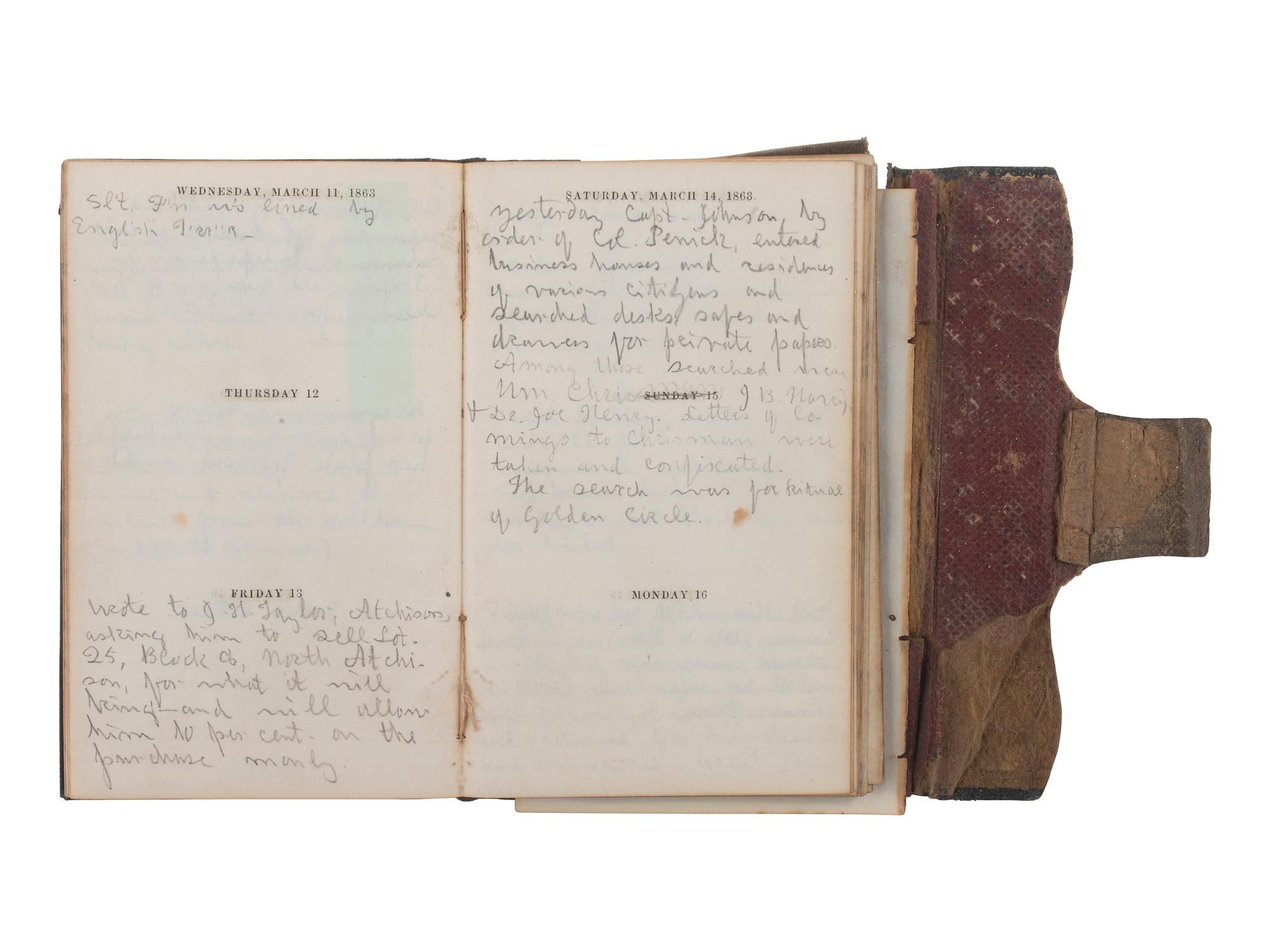 [CIVIL WAR] -- [QUANTRILL'S RAIDERS]. Diary of H.M. McCarty, editor of the Border Star at Westport, Missouri, with entries referencing 1863 clashes between Union soldiers and southern sympathizers, guerilla activity, and Quantrill's Raiders.