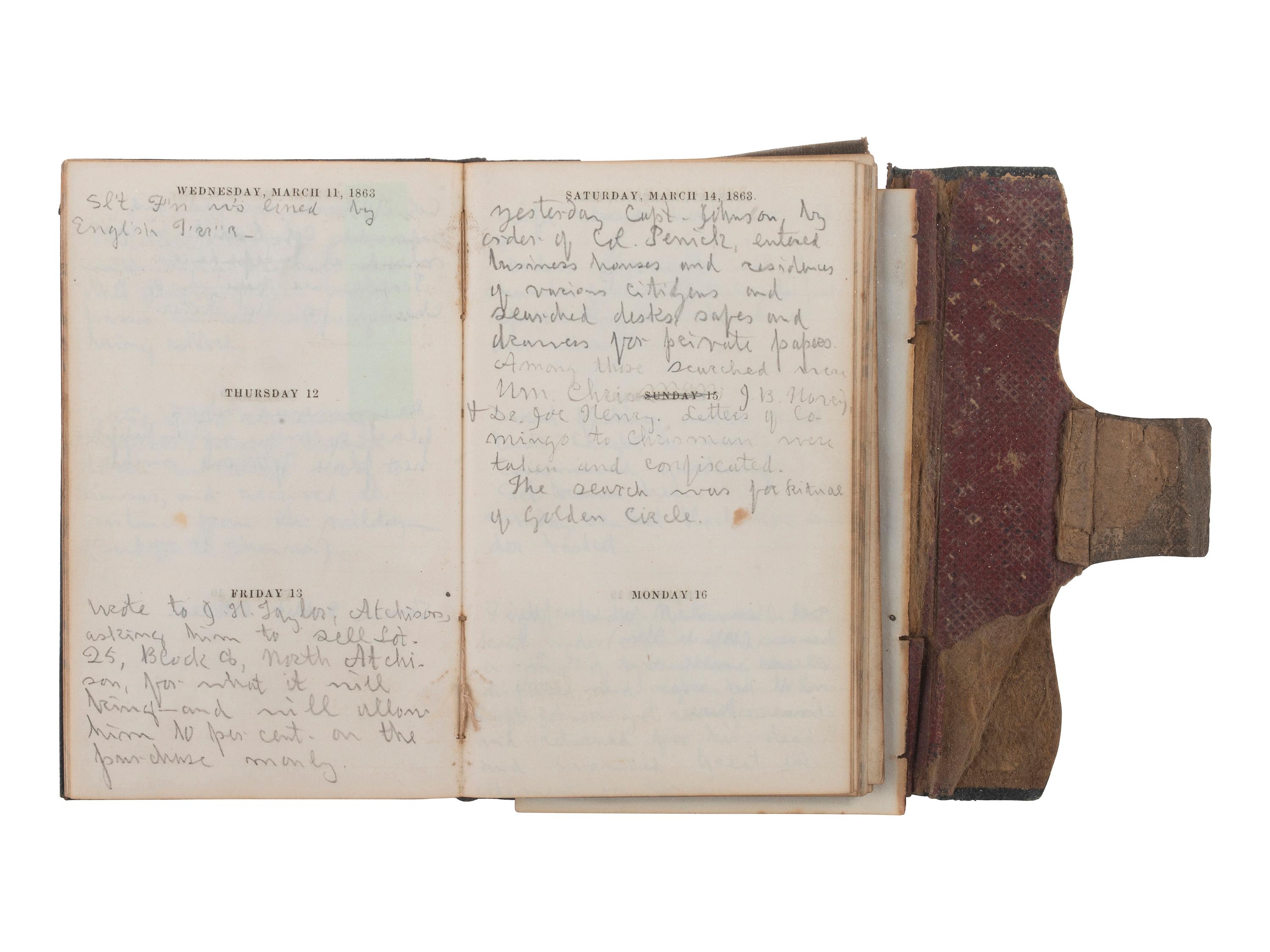 [CIVIL WAR] -- [QUANTRILL'S RAIDERS]. Diary of H.M. McCarty, editor of the Border Star at Westport, Missouri, with entries referencing 1863 clashes between Union soldiers and southern sympathizers, guerilla activity, and Quantrill's Raiders.