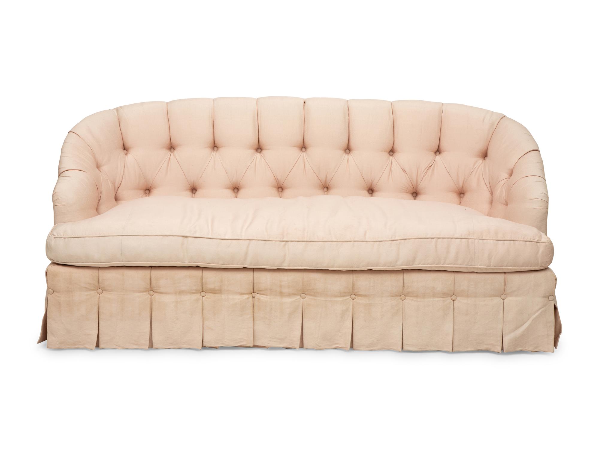 A Button-Tufted Silk Upholstered Settee