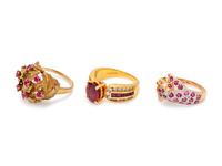 A Collection of Yellow Gold and Ruby Rings,