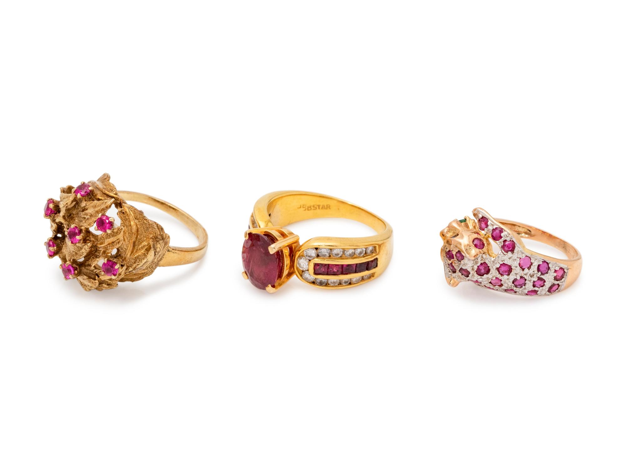 A Collection of Yellow Gold and Ruby Rings,
