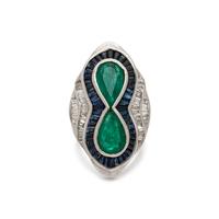 EMERALD, SAPPHIRE AND DIAMOND RING