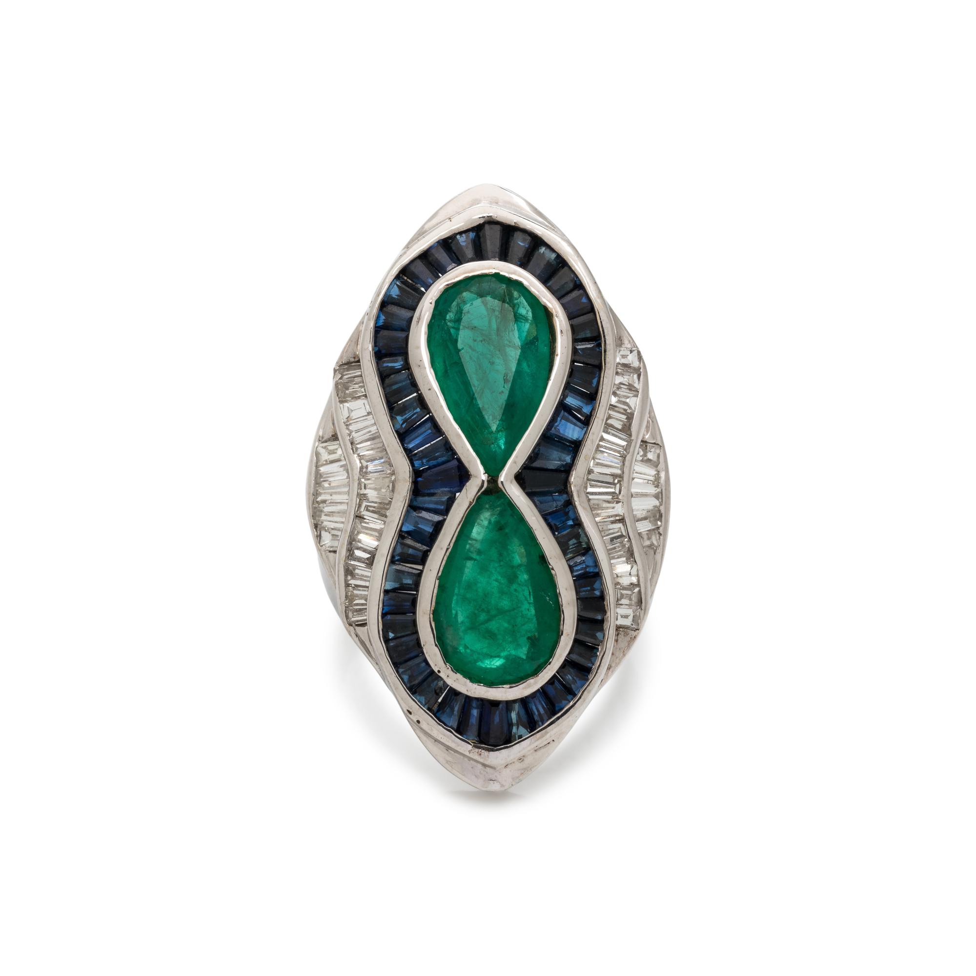 EMERALD, SAPPHIRE AND DIAMOND RING