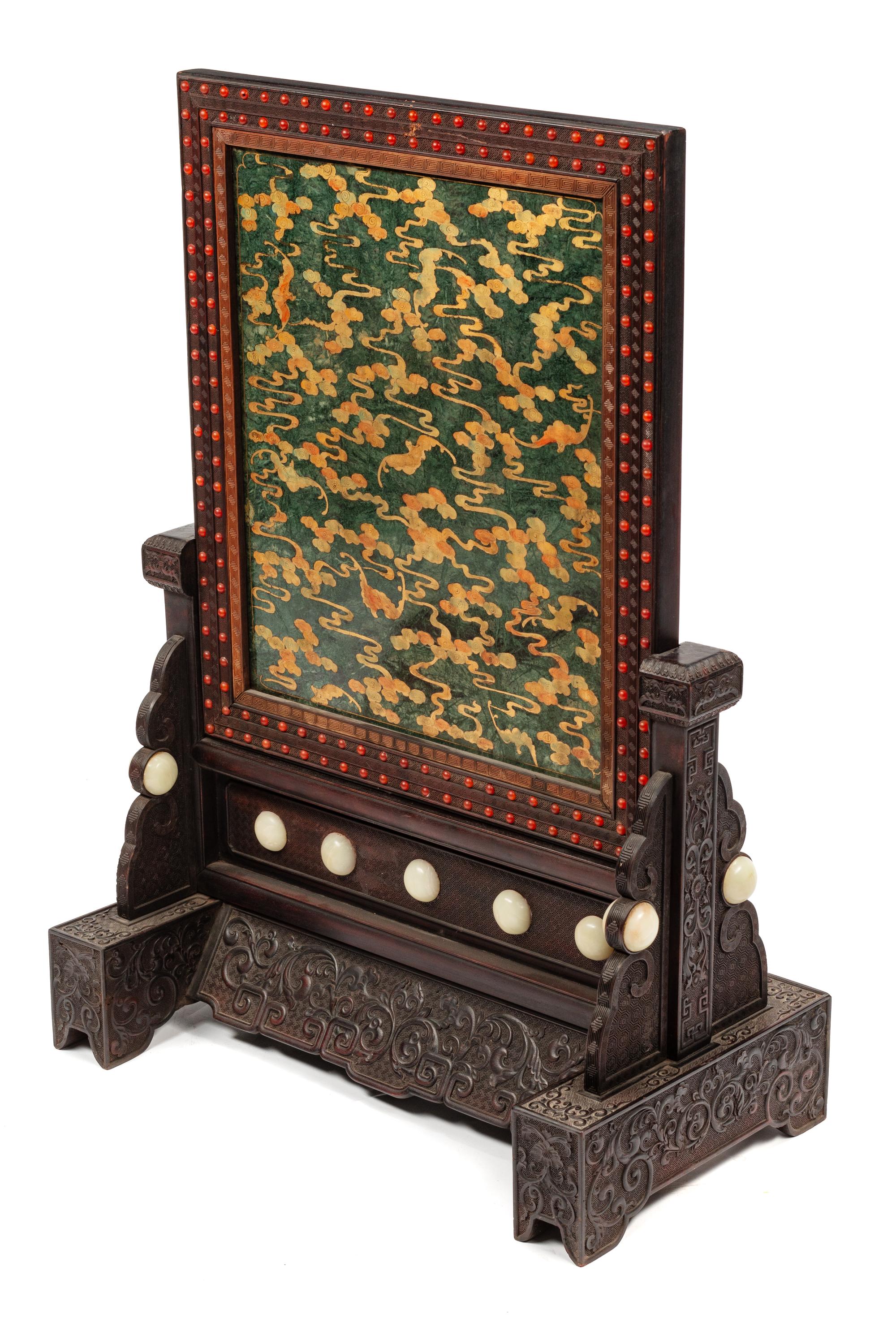 A Chinese Export Hardstone and Carved Hardwood Table Screen