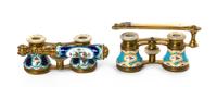 Two Pairs of French Enameled Opera Glasses, Width of first 4 inches.