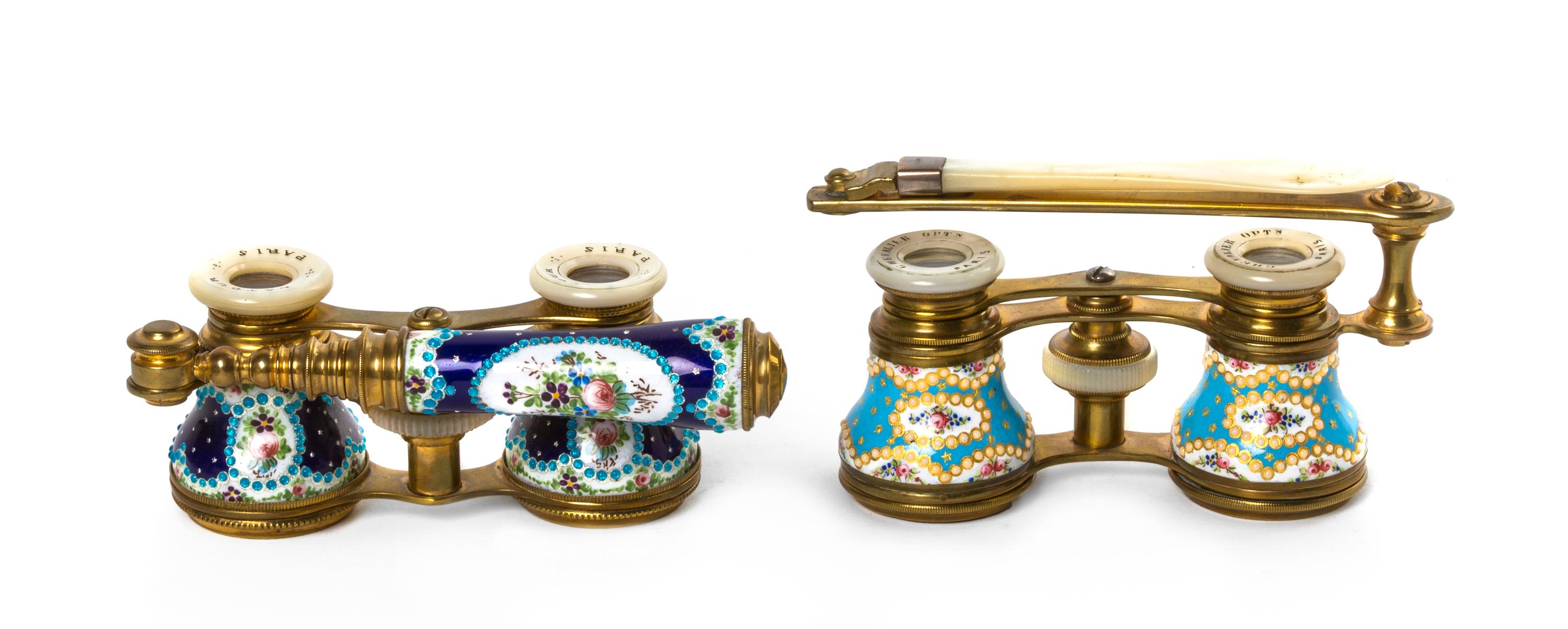 Two Pairs of French Enameled Opera Glasses, Width of first 4 inches.