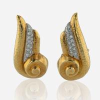 A Pair of Two-Tone 18K Gold and Diamond Earrings