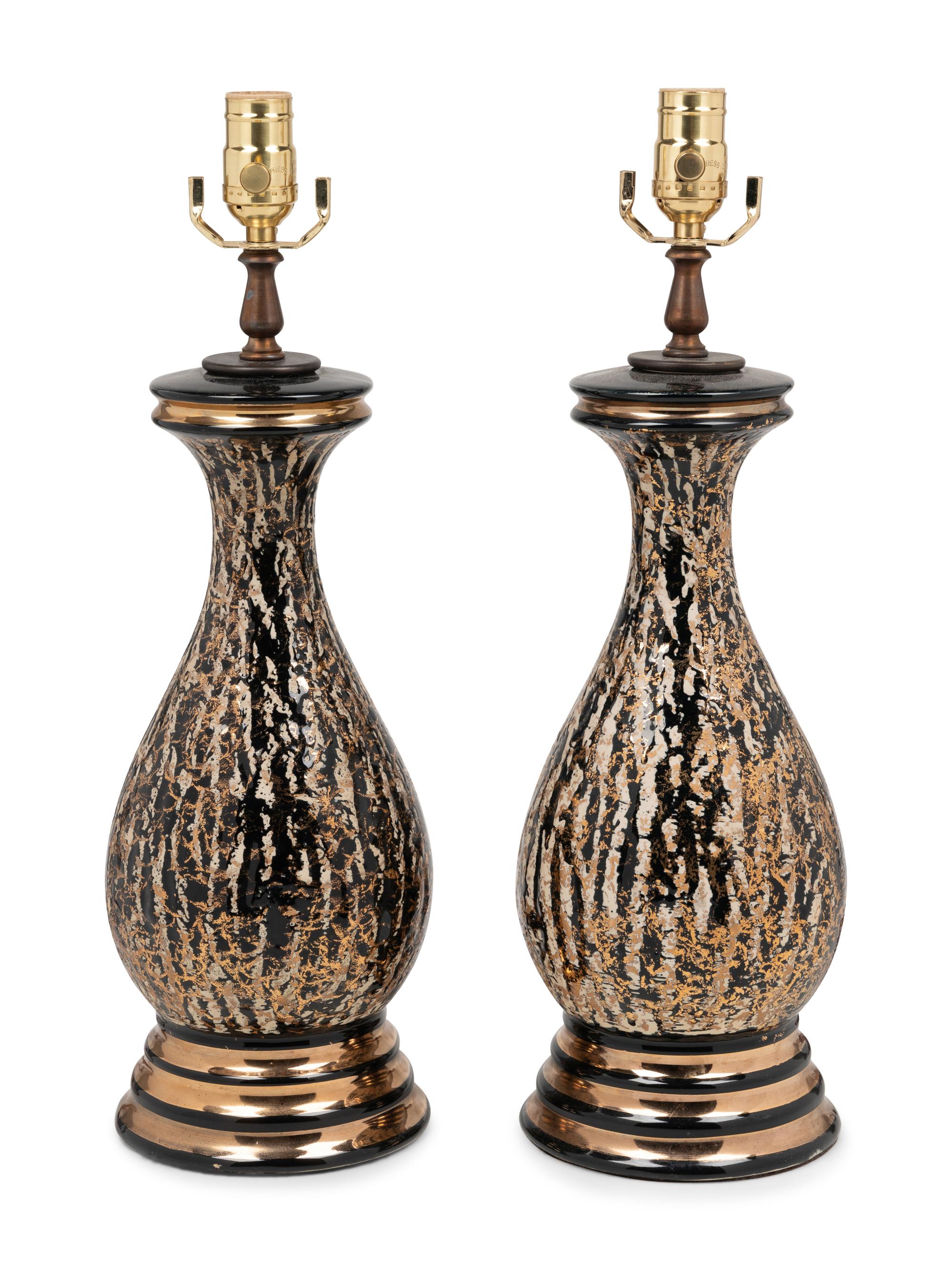 A Pair of Glazed Pottery Vases Mounted as Lamps