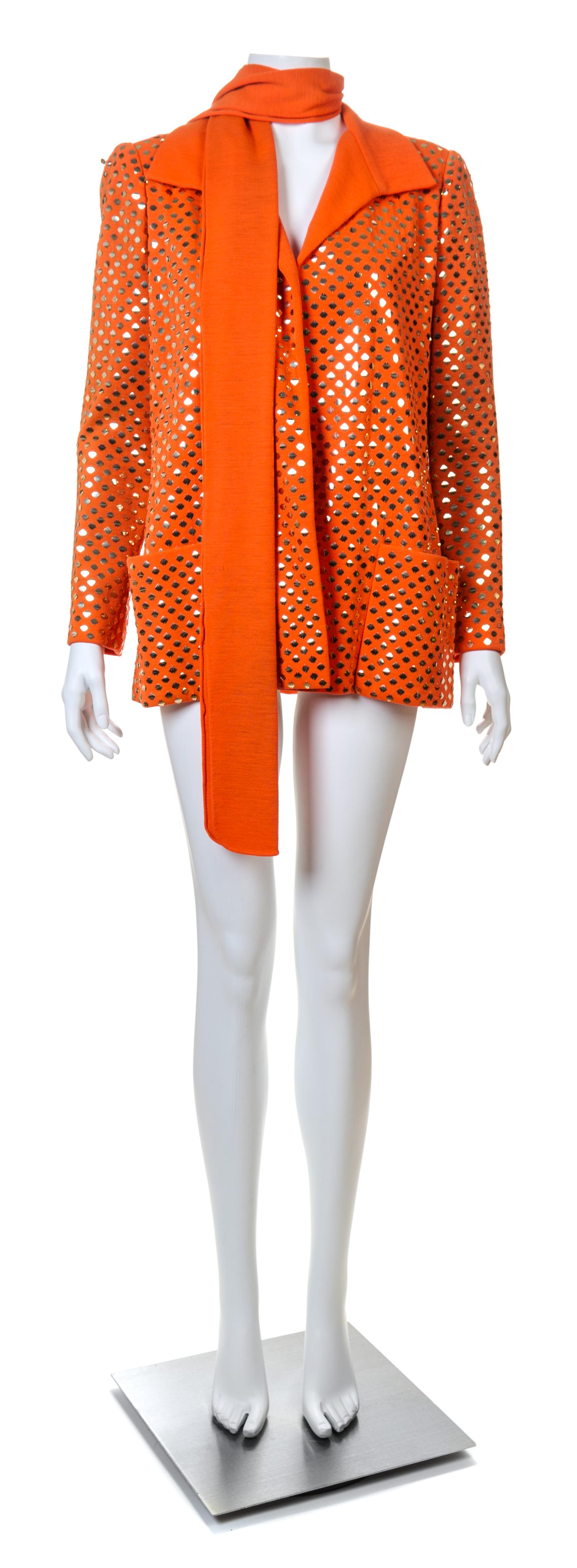 A Norell 1960s Orange Wool Jacket, No size; Belt: 6.5" x 75".