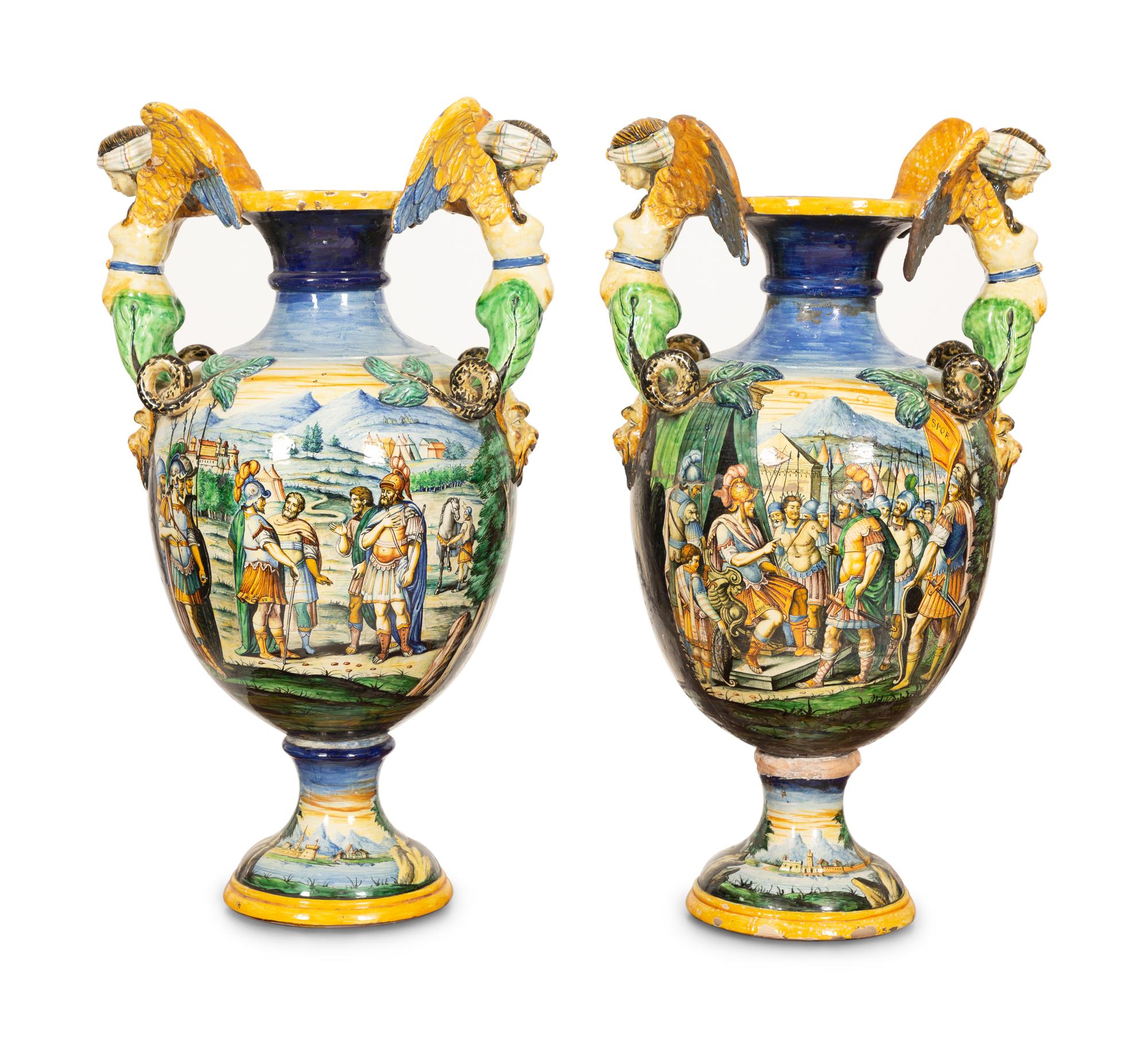 A Pair of Italian Majolica Urns