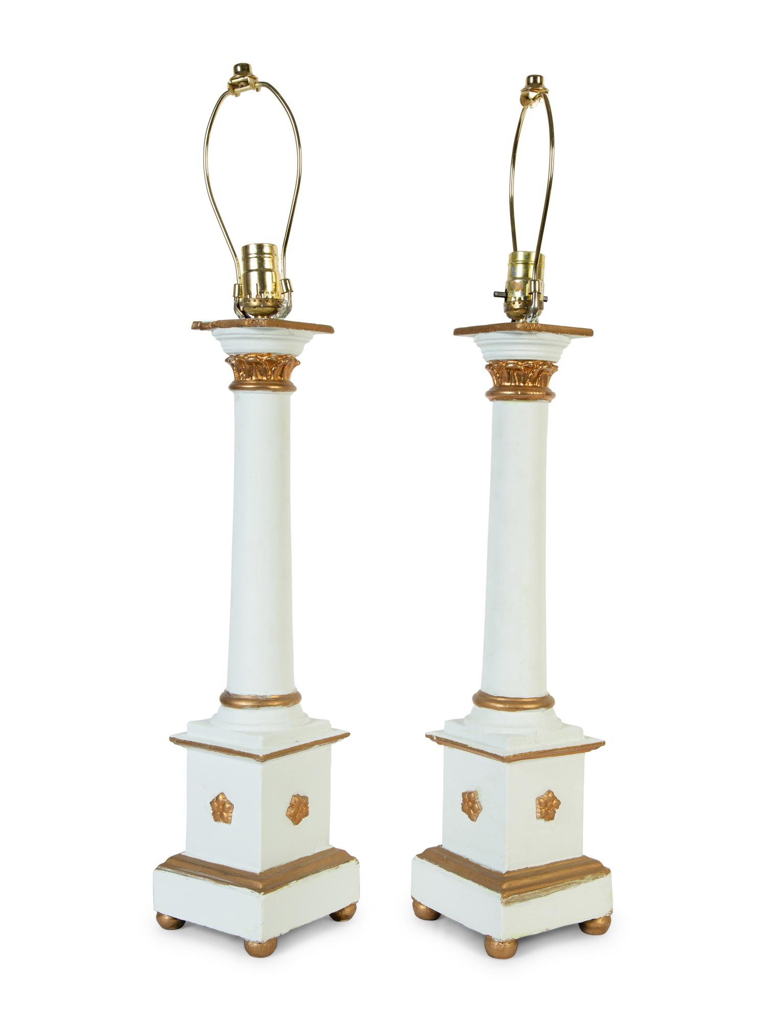 A Pair of Swedish Neoclassical Style Painted Wood Columnar-Form Table Lamps — 20TH CENTURY