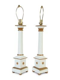 A Pair of Swedish Neoclassical Style Painted Wood Columnar-Form Table Lamps — 20TH CENTURY