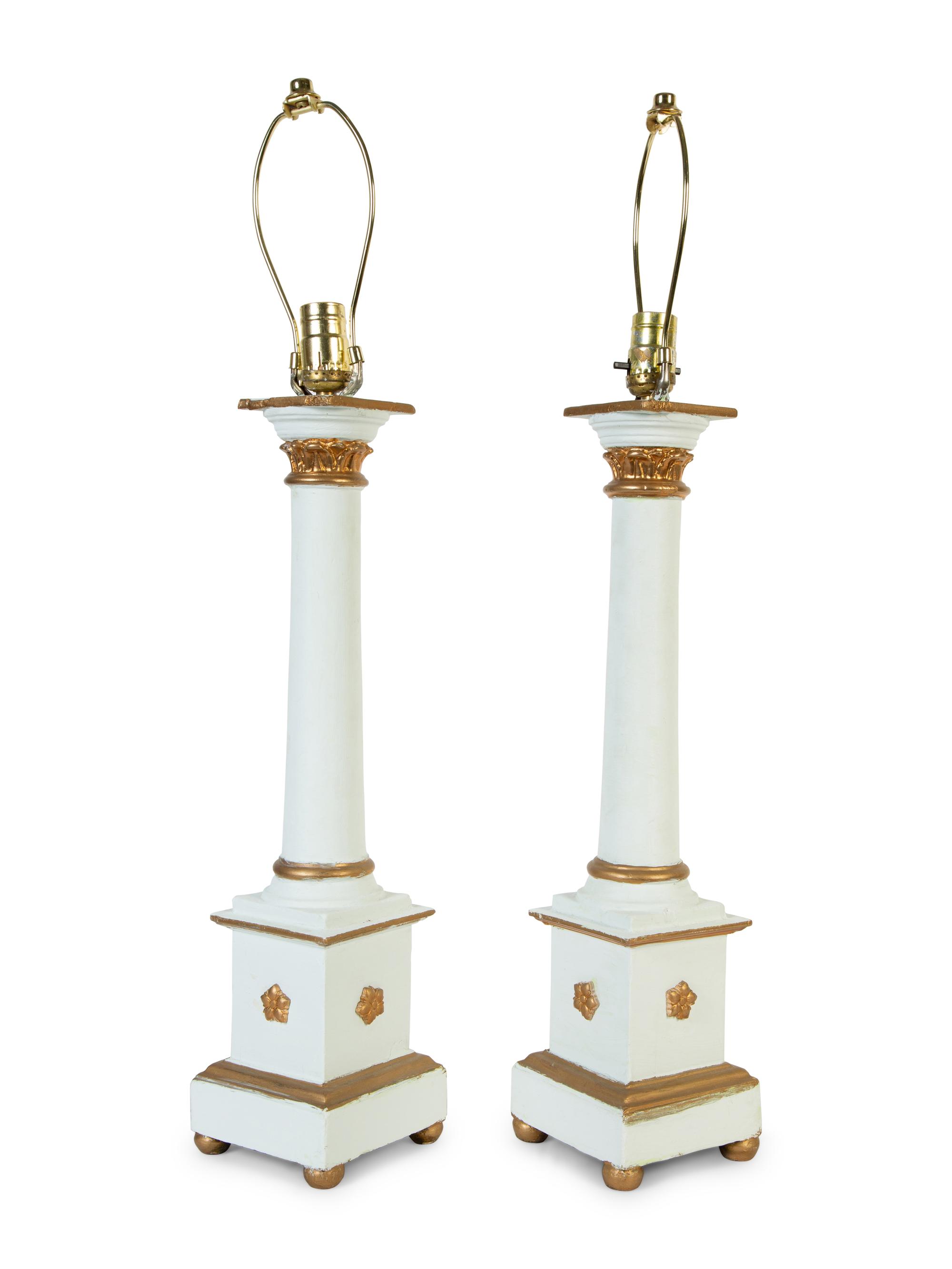 A Pair of Swedish Neoclassical Style Painted Wood Columnar-Form Table Lamps — 20TH CENTURY
