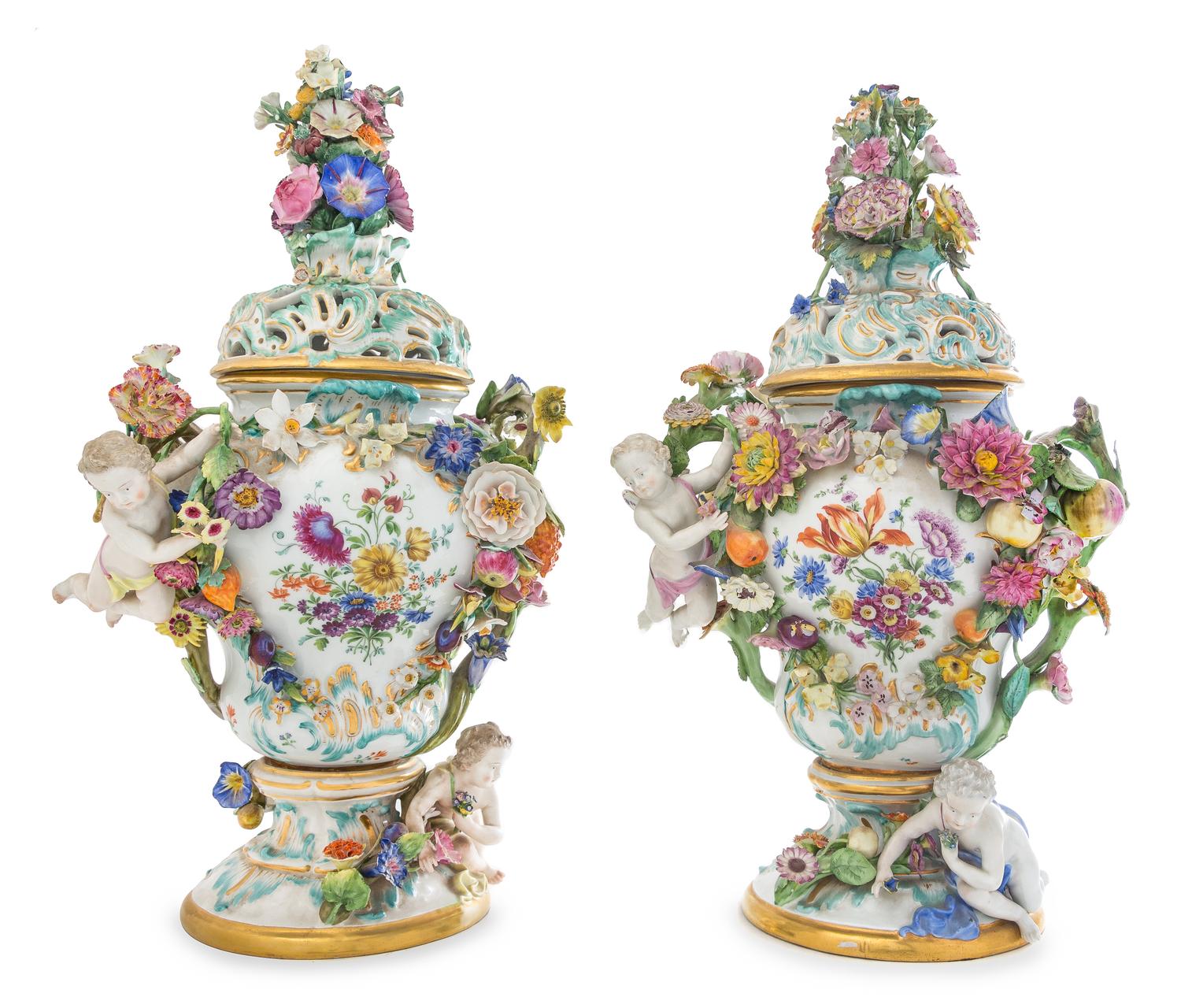 A Pair of Meissen Porcelain Urns and Covers Height 22 inches