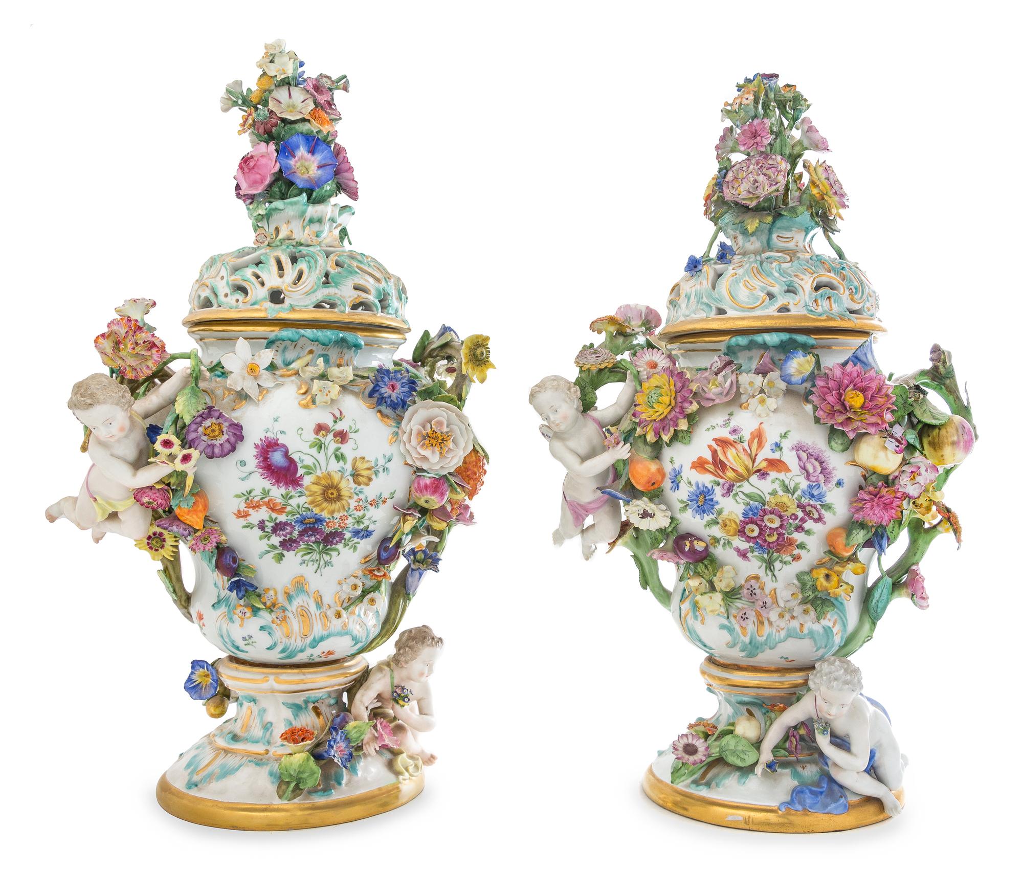 A Pair of Meissen Porcelain Urns and Covers Height 22 inches