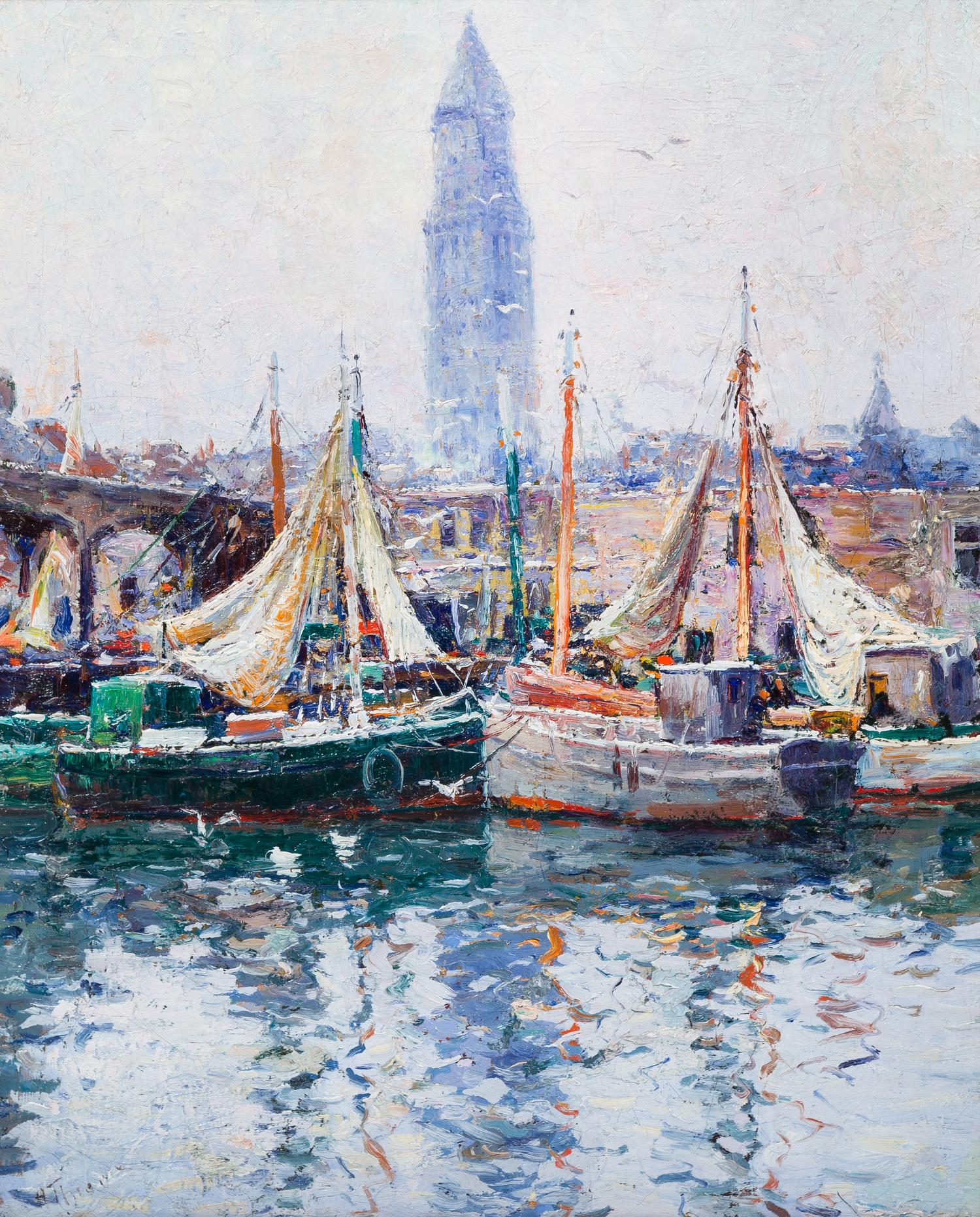 Anthony Thieme, (American, 1888-1954), T-Wharf with View of Custom House, Boston