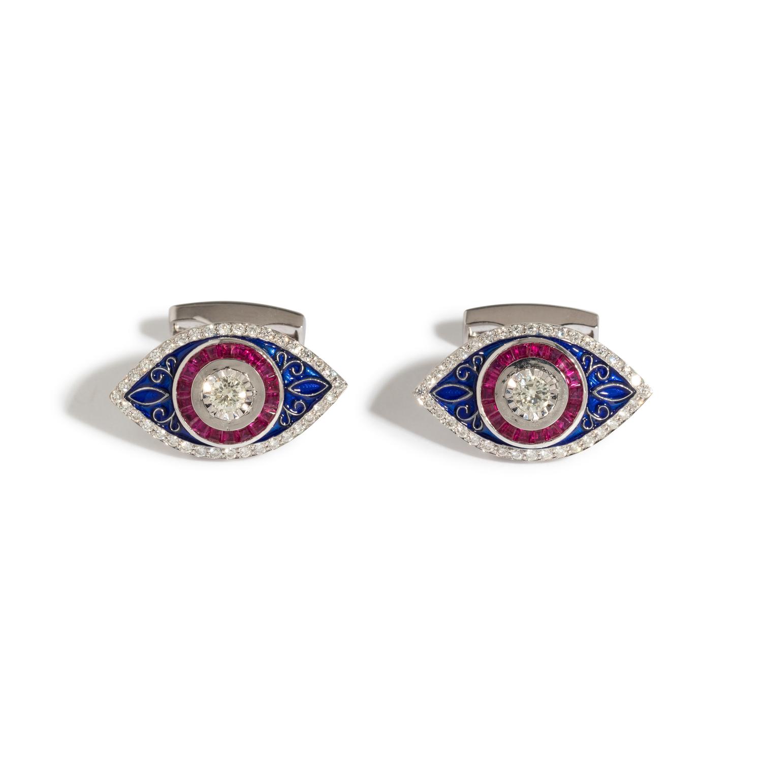 DIAMOND, RUBY AND ENAMEL CUFFLINKS