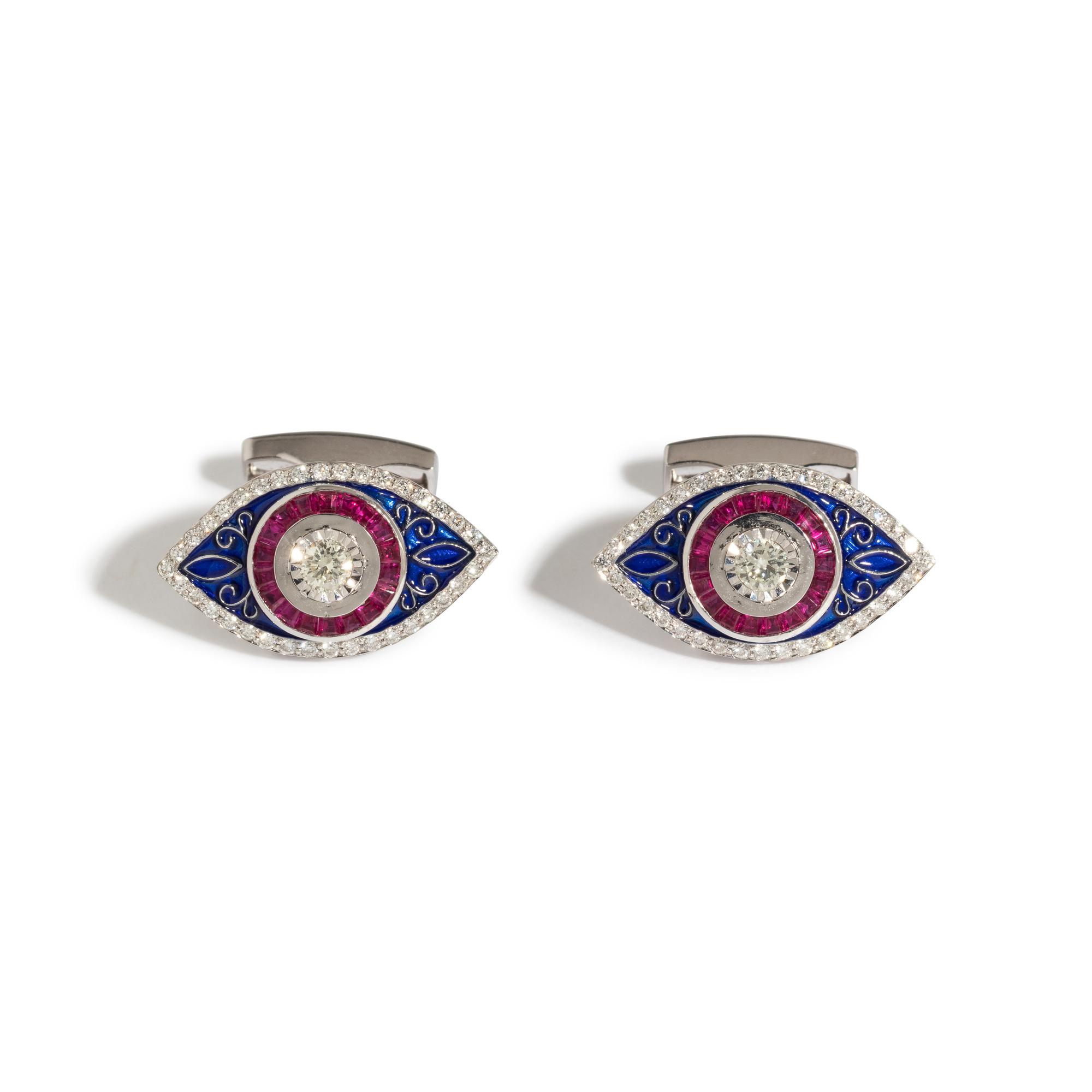 DIAMOND, RUBY AND ENAMEL CUFFLINKS