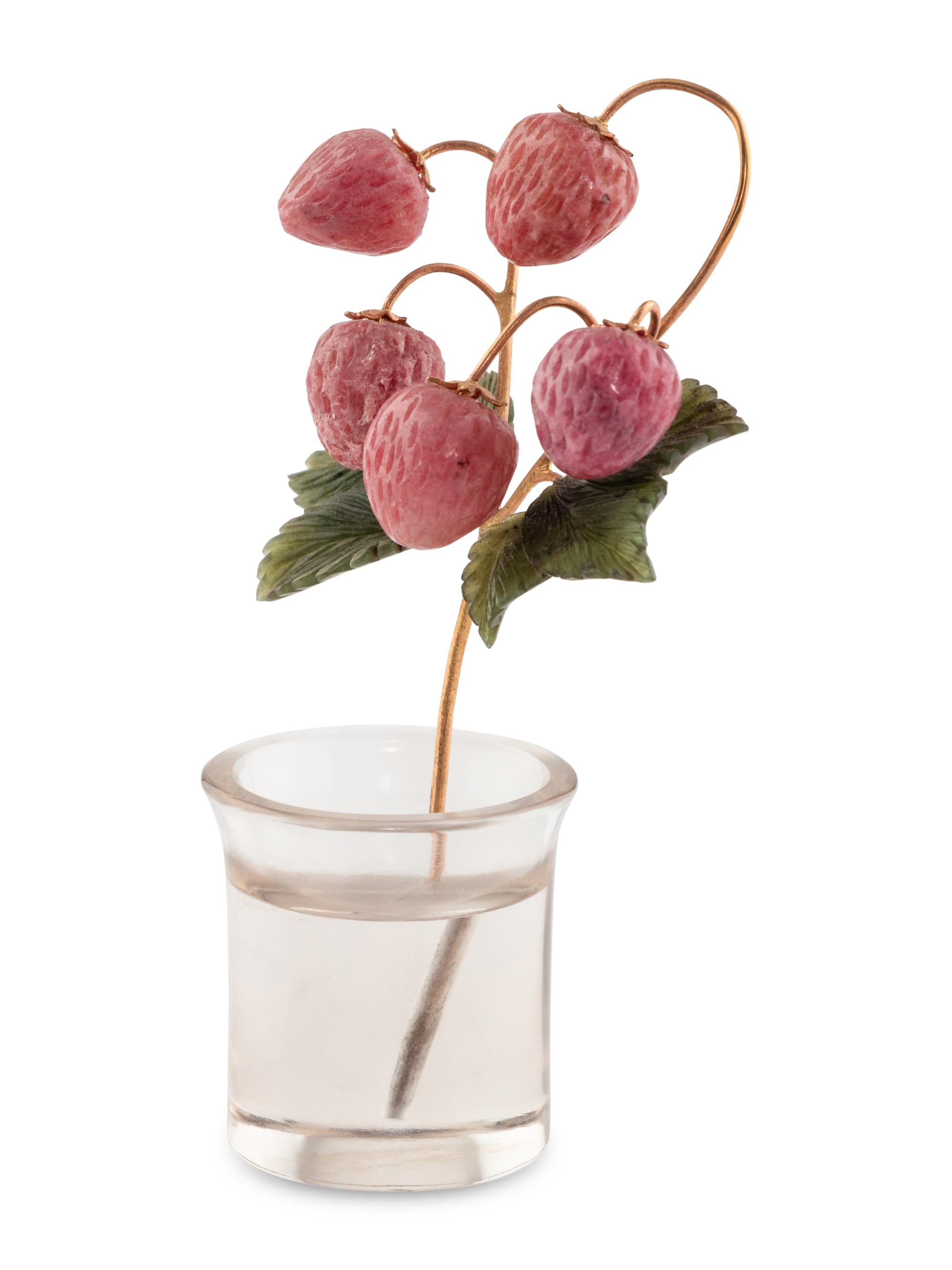 A Carved Rock Crystal, Rhodonite, Nephrite and 18-Karat Gold Strawberry Plant Study