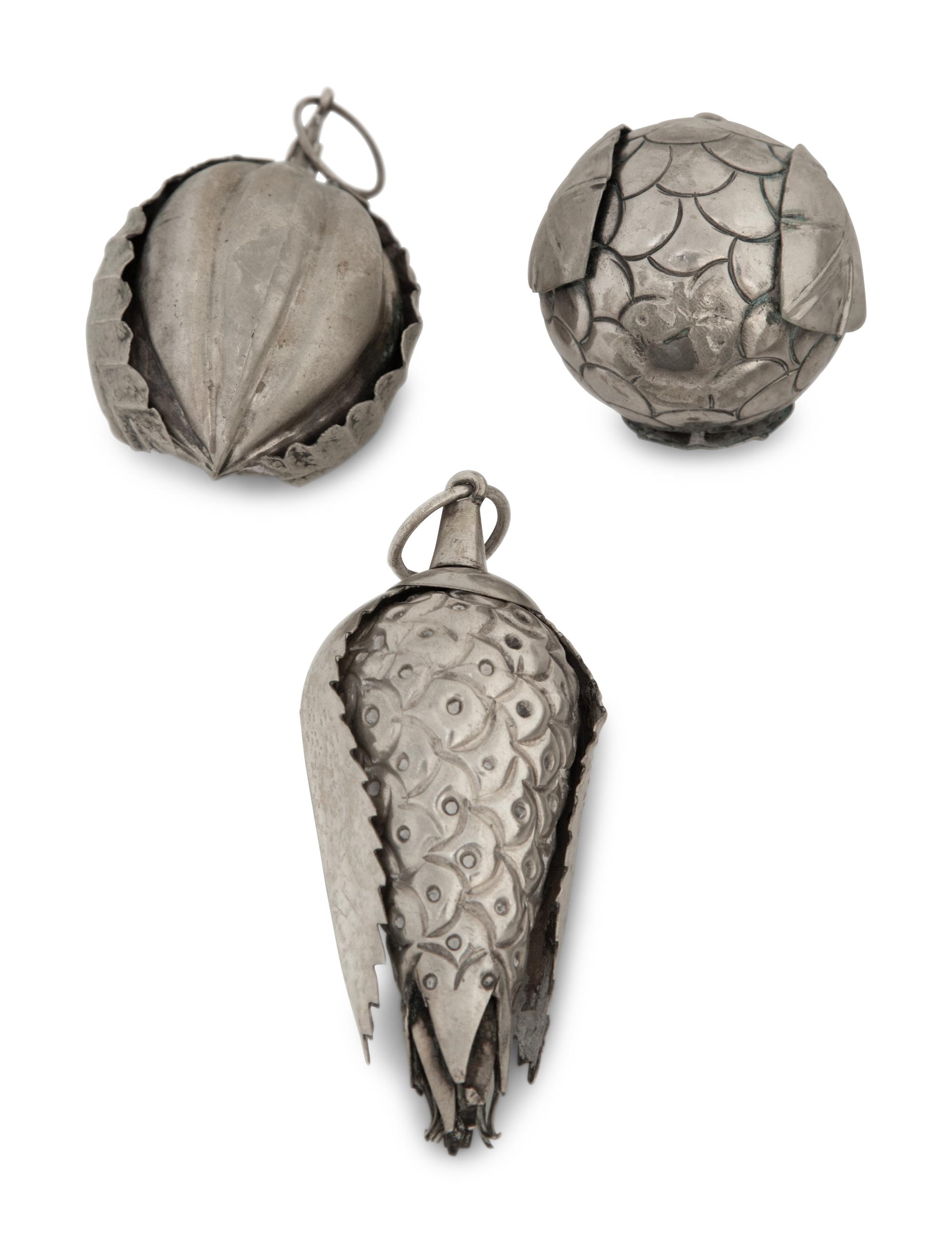 A Buccellati Silver Poplar Leaf Dish and Five Silvered Metal Fruits